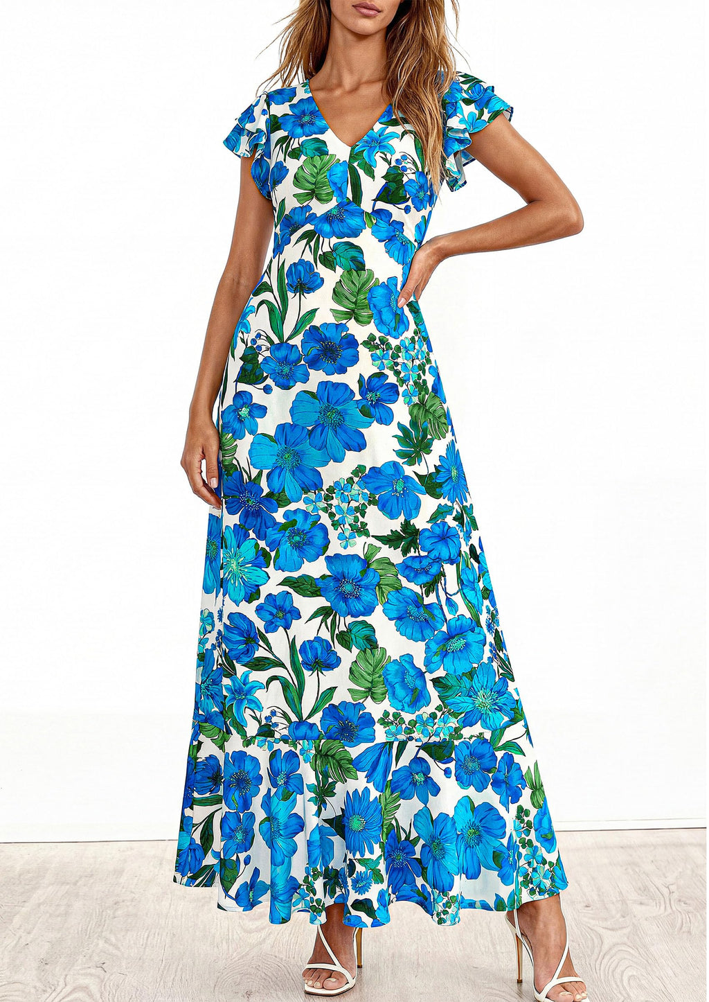 PRETTYGARDEN Womens Summer Floral Maxi Dresses Spring Short Sleeve Ruffle V Neck Flowy Boho Long Beach Vacation Sundress