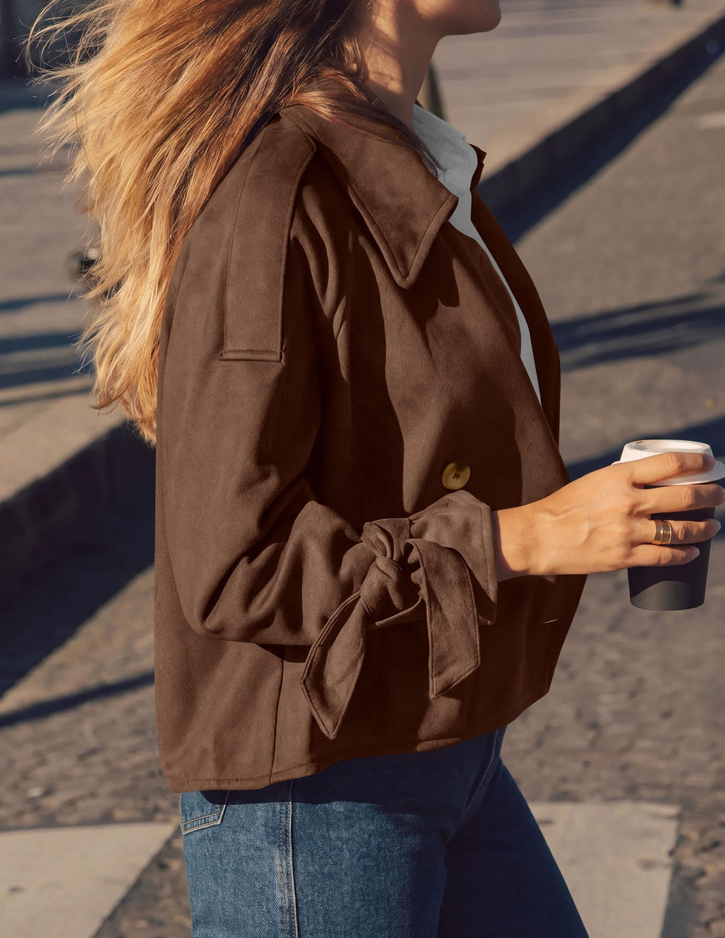 PRETTYGARDEN Women Faux Suede Double Breasted Trench Coat Cropped Jackets Raglan Long Sleeve,Lapel,Tie Cuff,Button Down,Fall Fashion Outerwear,Winter Clothes,Work Office Casual Short Jacket