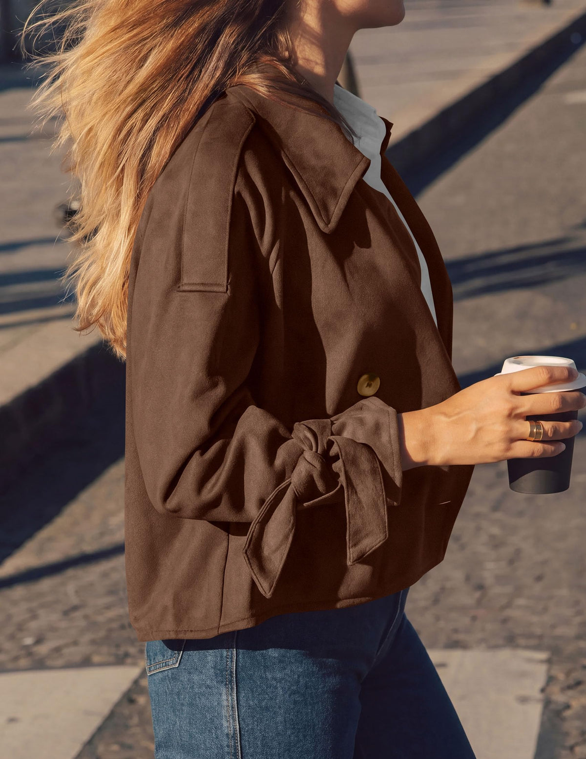 PRETTYGARDEN Women Faux Suede Double Breasted Trench Coat Cropped Jackets Raglan Long Sleeve,Lapel,Tie Cuff,Button Down,Fall Fashion Outerwear,Winter Clothes,Work Office Casual Short Jacket