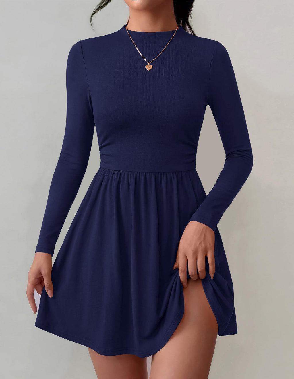 BTFBM Long Sleeve Dresses for Women Mock Neck A Line Flowy Mini Dress Swing Pleated Hem,Cocktail Party Club Holiday Going Out Outfits,Dressy Casual Winter,Trendy Early Fall Fashion Clothing