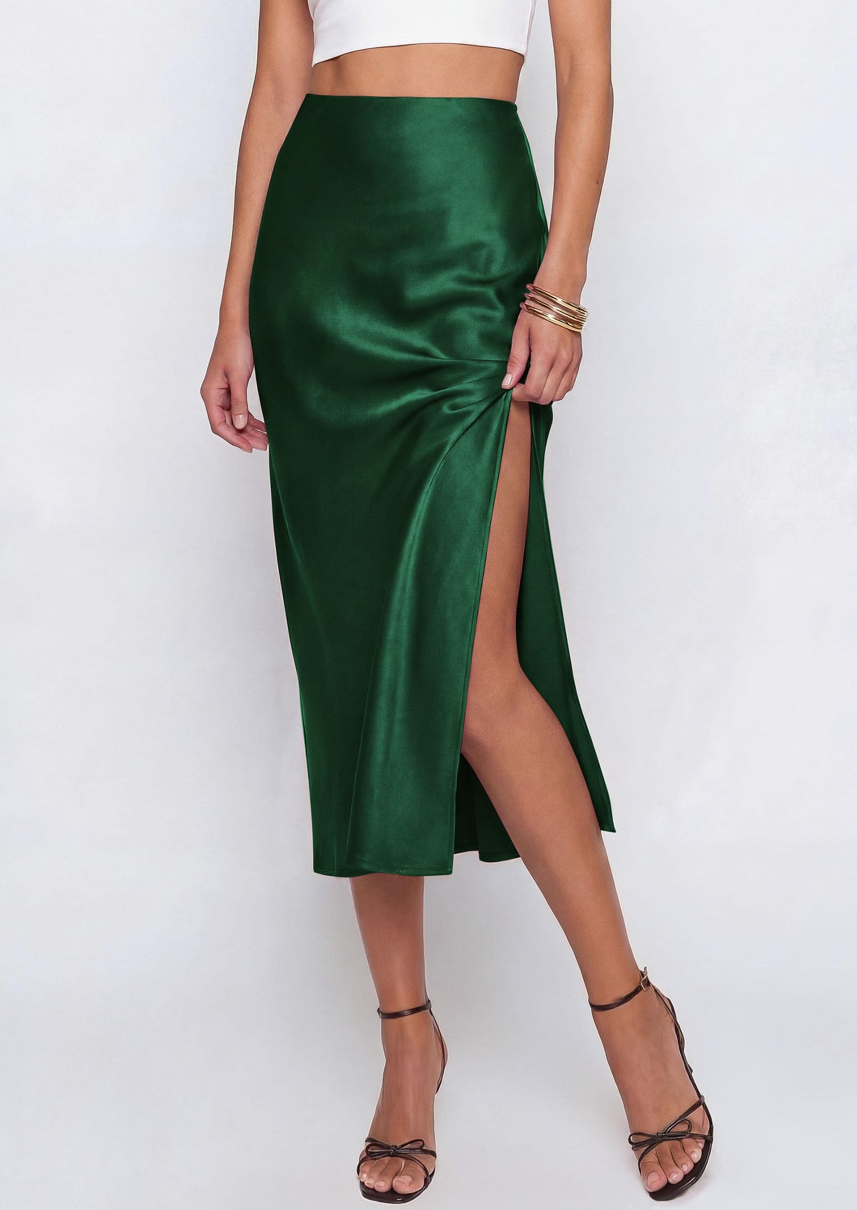 PRETTYGARDEN Womens Satin Skirt Summer Silk Business Casual High Waisted A Line Flowy Work Wedding Cocktail Midi Skirts
