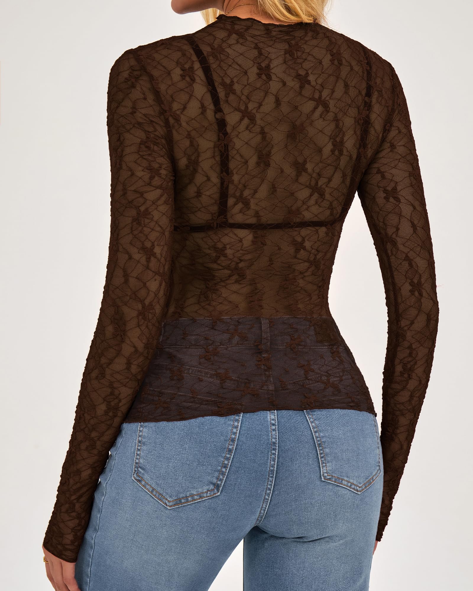 BTFBM Womens Tops Mesh Lace Long Sleeve Tops for Women Spring Fall Sheer See Through Tight Party Club Outfits