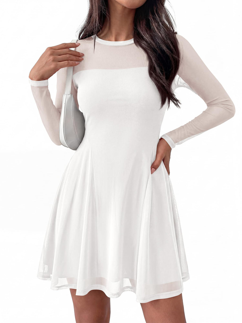 BTFBM Women’s Mini Dress Sheer Mesh Long Sleeve Crew Neck Flowy A Line Casual Cocktail Party Going Out Dresses Fall