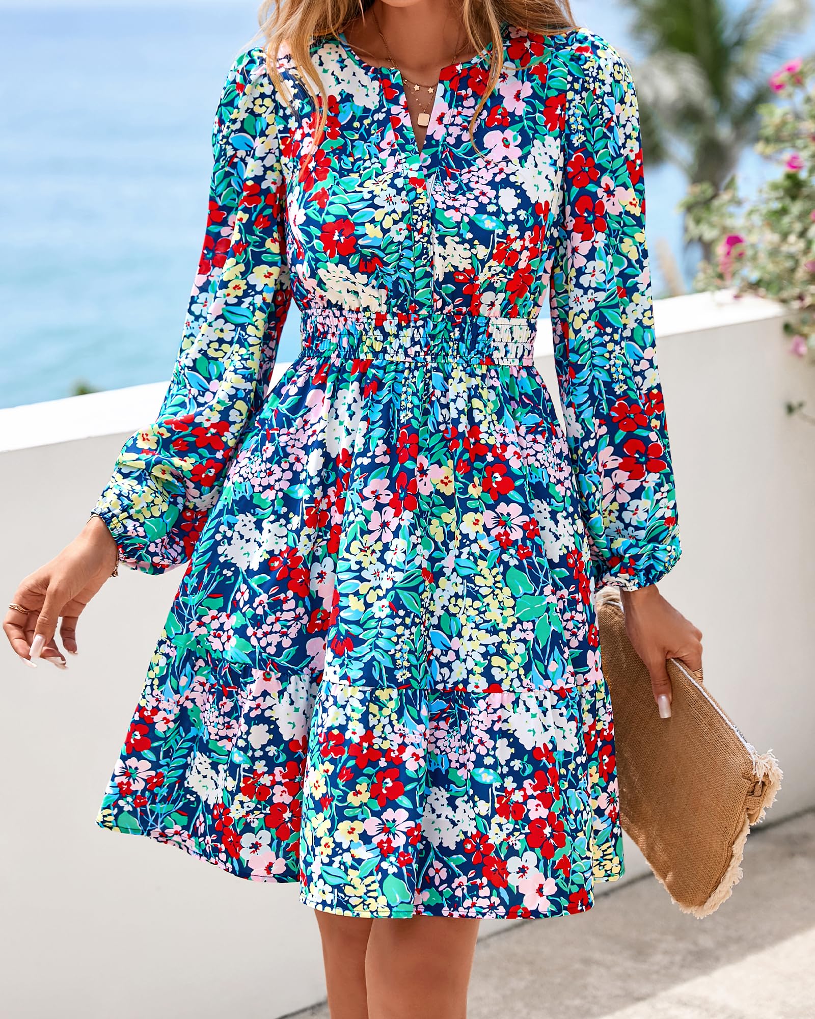 BTFBM Spring Dresses for Women Mini Long Sleeve Elastic Waist Summer Vacation Outfits Floral Wedding Guest Dress