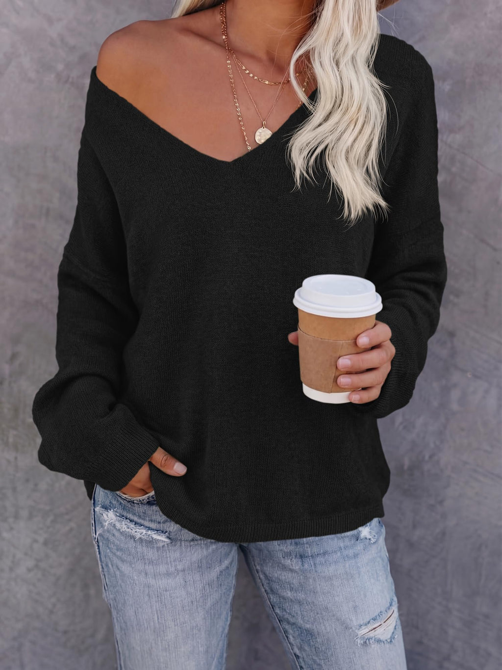 BTFBM Women's Loose Knitted Casual Sweaters | V Neck,Long Sleeve Sweater,Slouchy Pullover Tops,Fall Winter Clothes