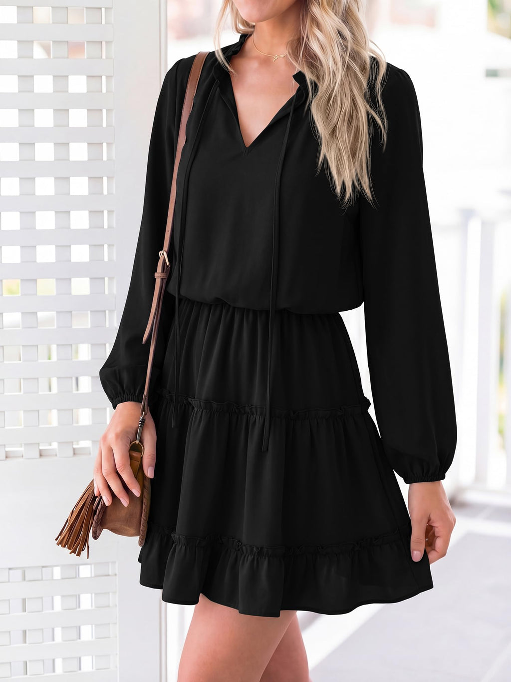 BTFBM Long Sleeve Summer Dresses for Women Casual Tie Neck Ruffle Tiered A Line Mini Spring Wedding Guest Dress