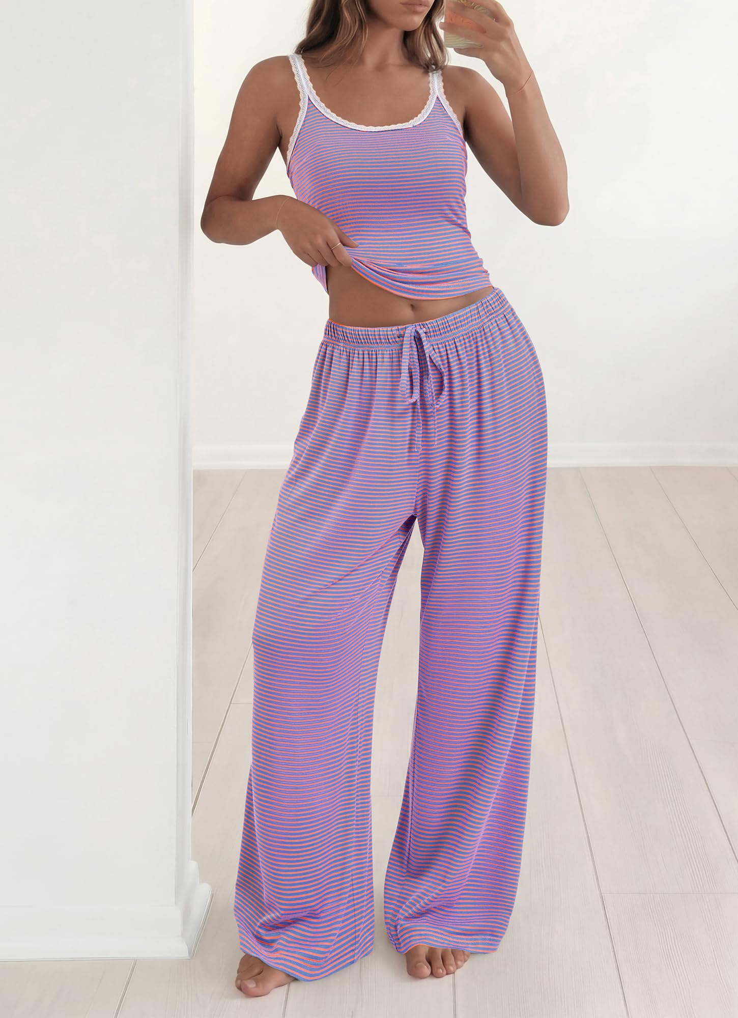 BTFBM Lounge Sets For Women Striped 2 Piece Pajama Sets Spaghetti Strap Tops Wide Leg Pants Beach Vacation Outfits