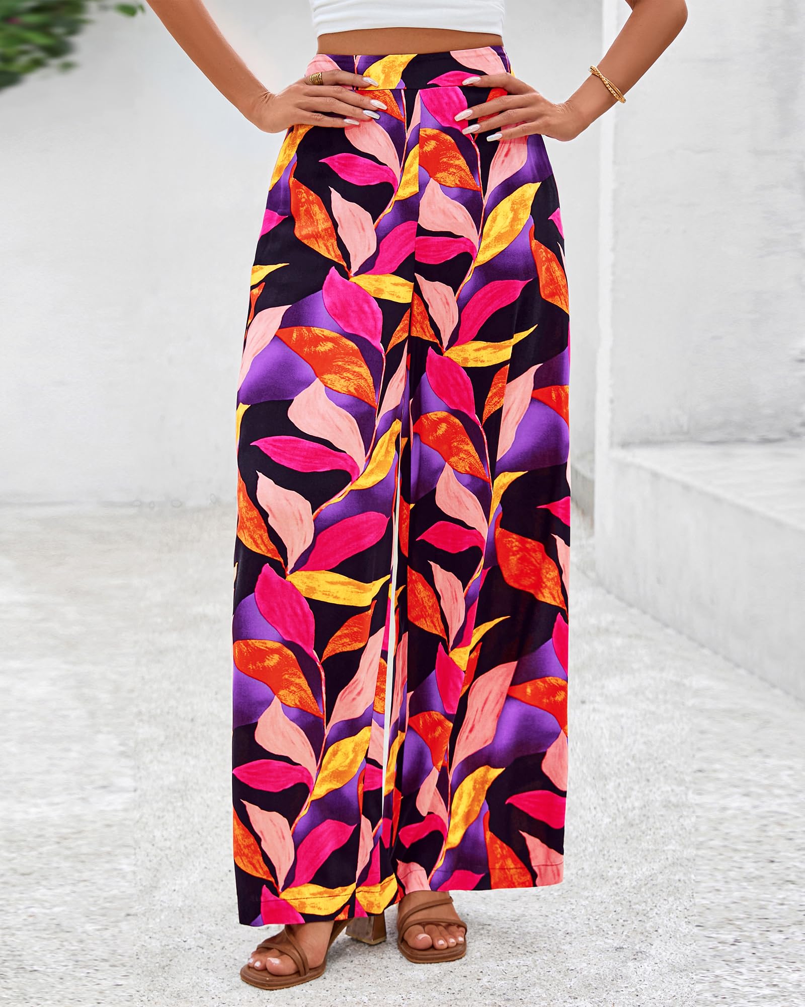 FreshPretty Womens Wide Leg Summer Pants Boho Beach Vacation Loose Elastic Waist Printed Palazzo Pant Pockets