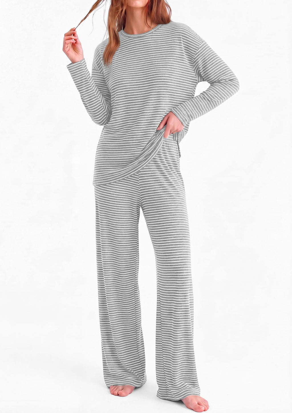 PRETTYGARDEN Womens Striped Lounge Set Fall Winter 2 Piece Sets Side Slit Long Sleeve T-Shirts & Wide Leg Pants, Matching Pajama Sets, Comfy Pj Set, Loungewear with Pockets, Fashion Clothes