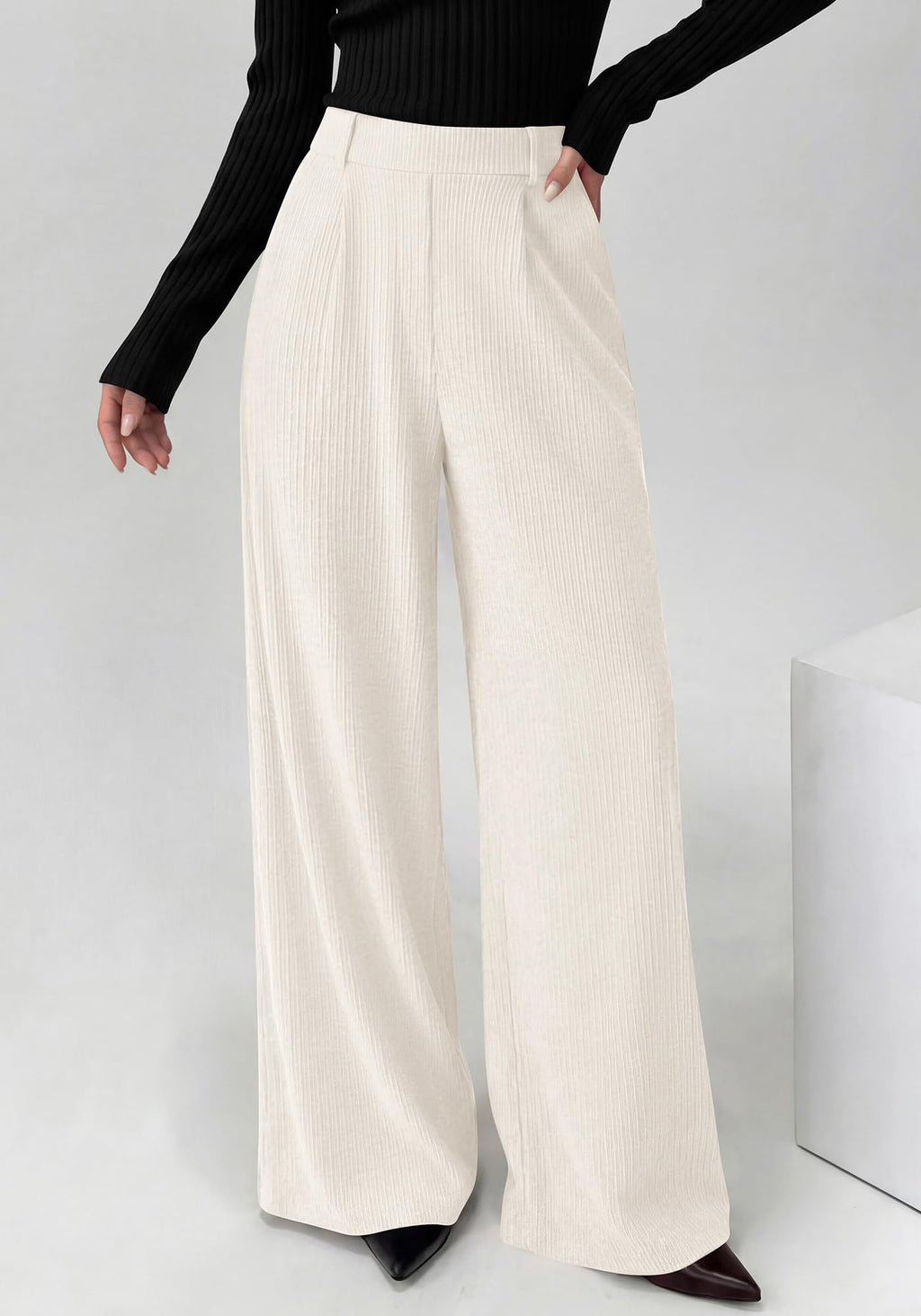 BTFBM Wide Leg Pants for Women Dressy Work Business Casual Elastic High Waisted Trousers Ribbed Lounge Palazzo Pants
