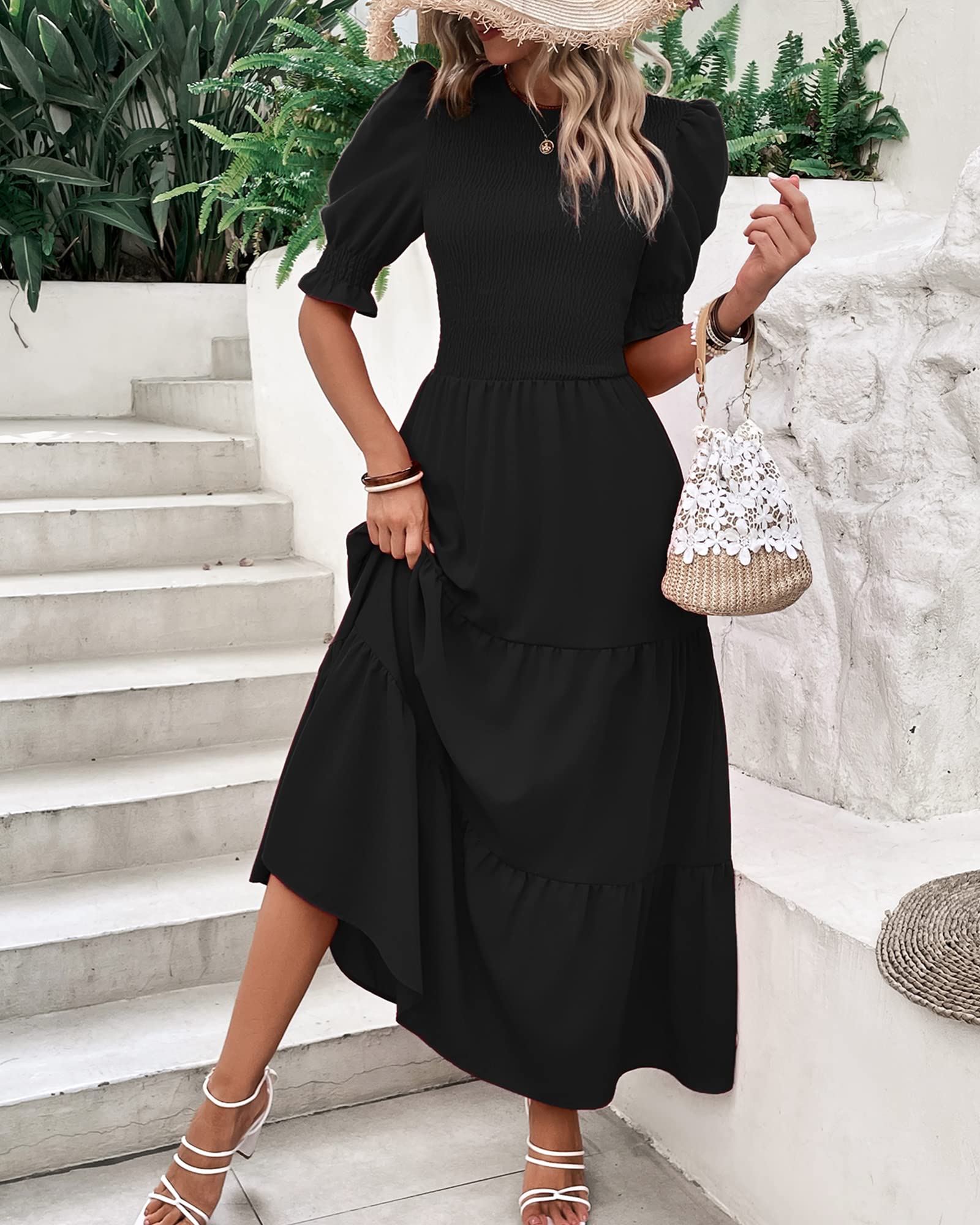 FreshPretty Women Casual Summer Dresses Spring Crew Neck Ruffle Short Sleeve Floral Print Smocked Boho Flowy Maxi Dress