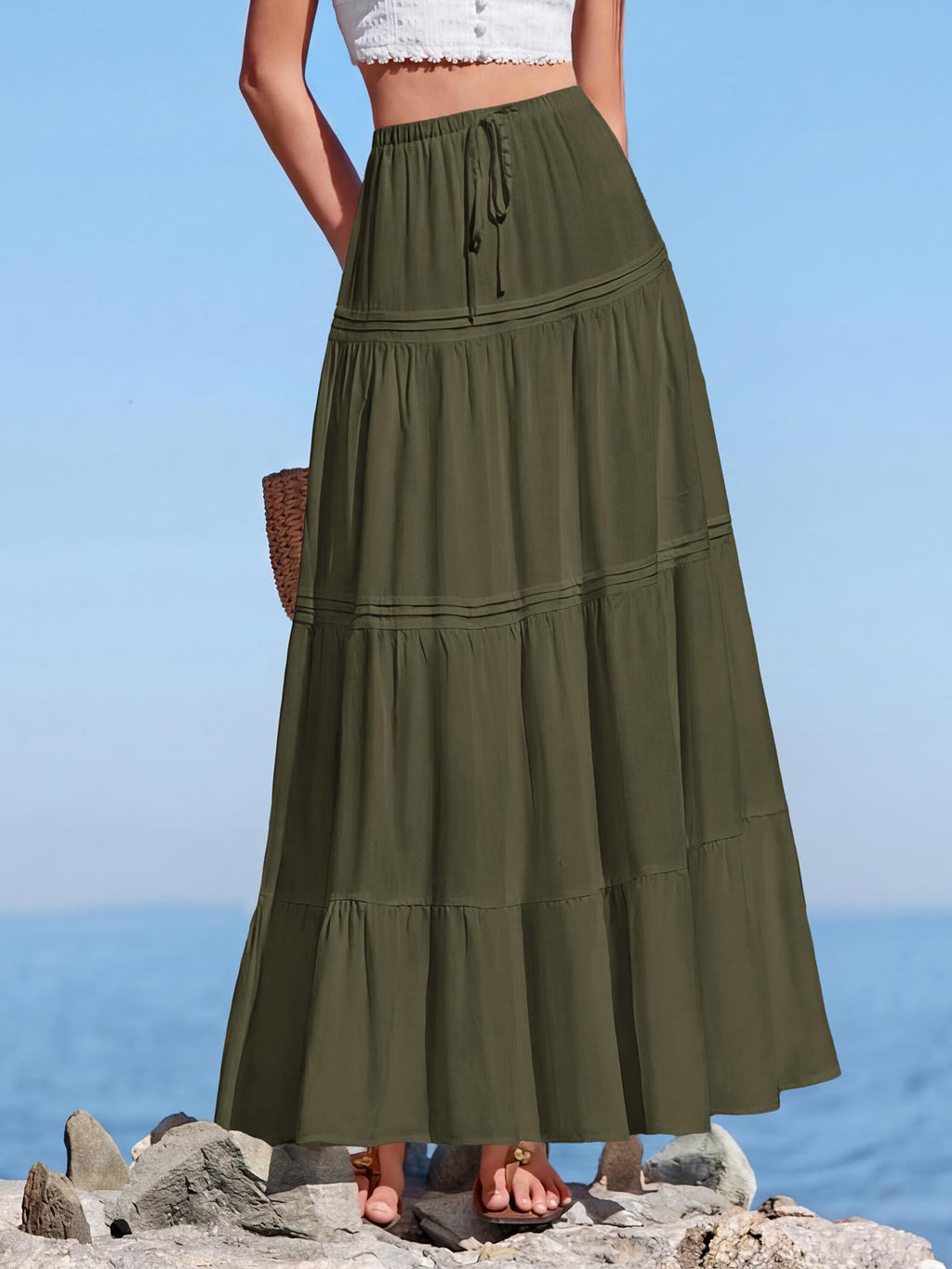 BTFBM Spring Skirts for Women Summer Boho Beach Vacation Clothes Casual Pleated High Waisted Flowy Maxi Skirt