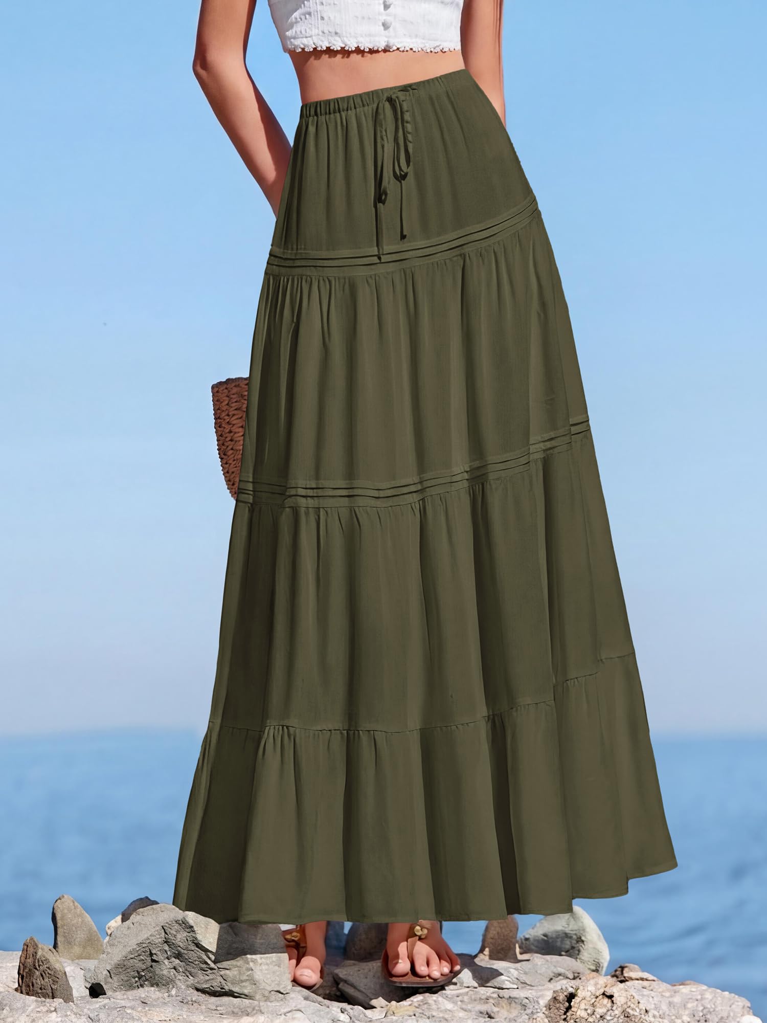 BTFBM Spring Skirts for Women Summer Boho Beach Vacation Clothes Casual Pleated High Waisted Flowy Maxi Skirt