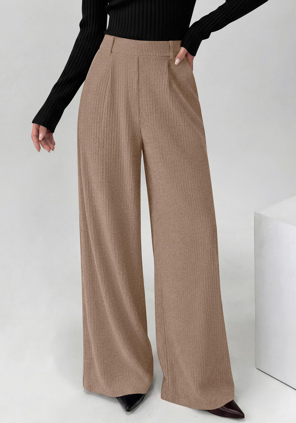 BTFBM Wide Leg Pants for Women Dressy Work Business Casual Elastic High Waisted Trousers Ribbed Lounge Palazzo Pants