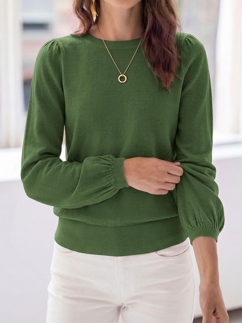 FreshPretty Womens Sweaters Lightweight Puff Sleeve Knit Tops,Soft Knitted Pullover Top,Crew Neck Basic Tunic Shirts,Ribbed Hem,Fall Fashion Dressy Casual Work Office Blouses