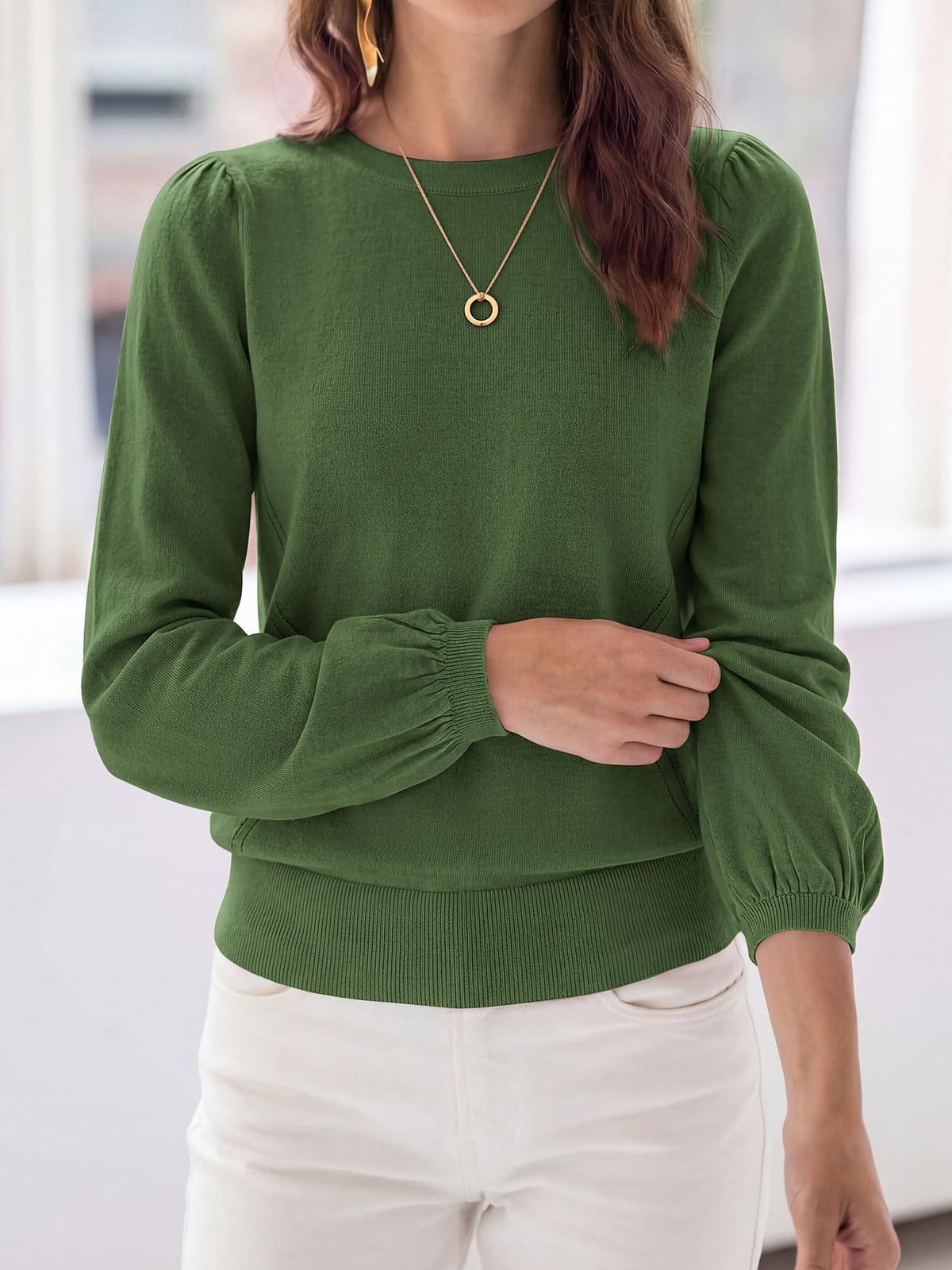 FreshPretty Womens Sweaters Lightweight Puff Sleeve Knit Tops,Soft Knitted Pullover Top,Crew Neck Basic Tunic Shirts,Ribbed Hem,Fall Fashion Dressy Casual Work Office Blouses