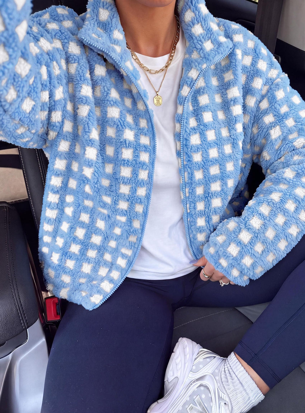 PRETTYGARDEN Women's Gingham Sherpa Fleece Jacket Plaid Cropped Teddy Coat Trendy Y2K Winter Jacket, Zip Up Stand Collar, Side Pockets, Fall Outfit for Casual Daily, Going Out, Streetwear, Outdoor