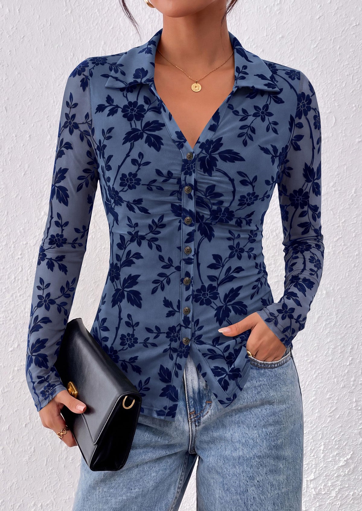 PRETTYGARDEN Women's Long Sleeve Floral Mesh Boho Tops Button Down Shirts Fall Blouses Dressy, Ruched Slim Fit, Collared V Neck, Trendy Going Out Date Night Outfit, Elegant Casual Work Office Clothes