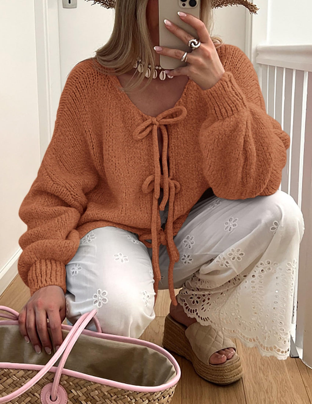 PRETTYGARDEN Women's Tie Front Bow Cardigan Sweaters Chunky Knit Long Puff Sleeve Trendy Fall Winter Jacket Coat