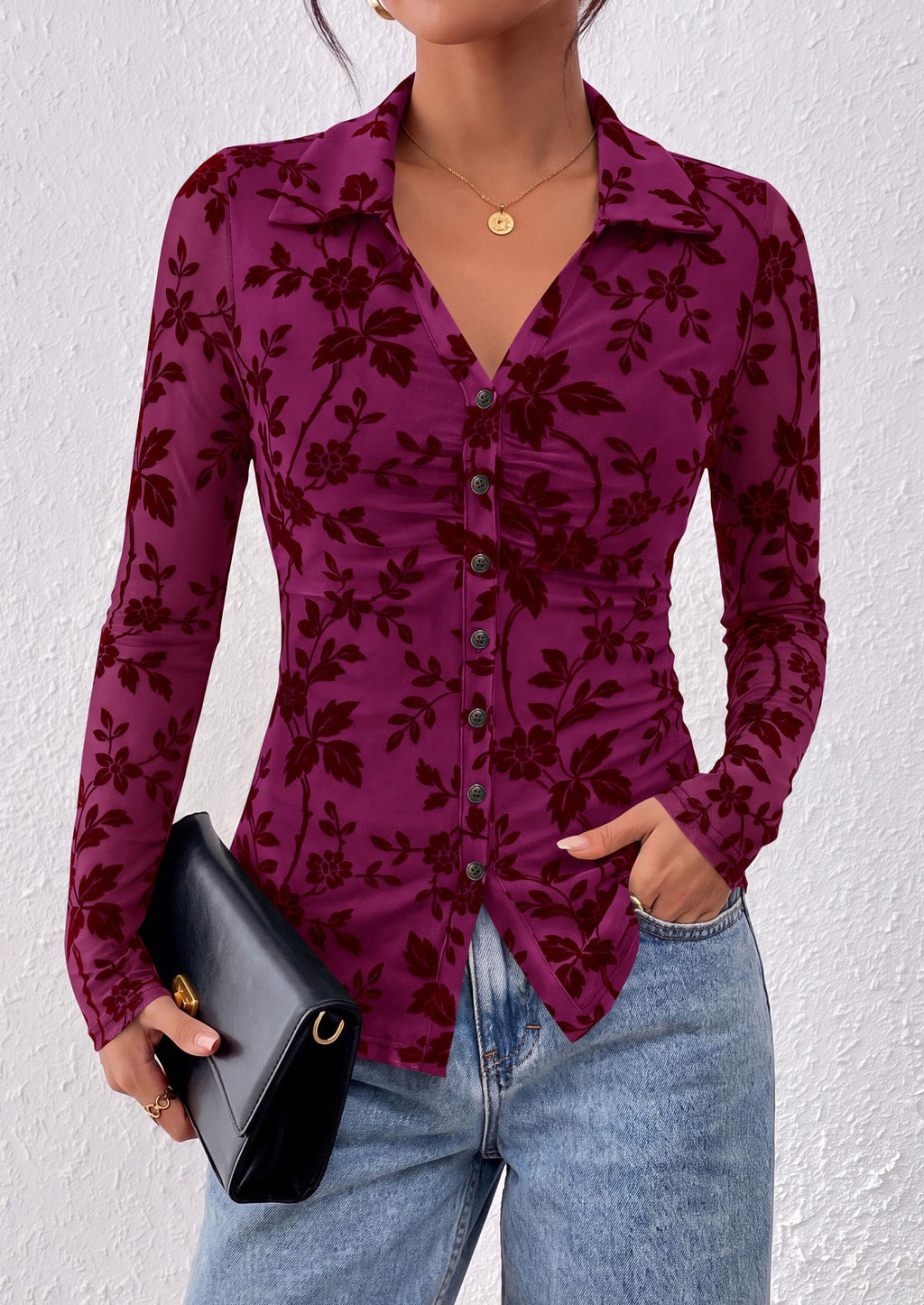 PRETTYGARDEN Women's Long Sleeve Floral Mesh Boho Tops Button Down Shirts Fall Blouses Dressy, Ruched Slim Fit, Collared V Neck, Trendy Going Out Date Night Outfit, Elegant Casual Work Office Clothes