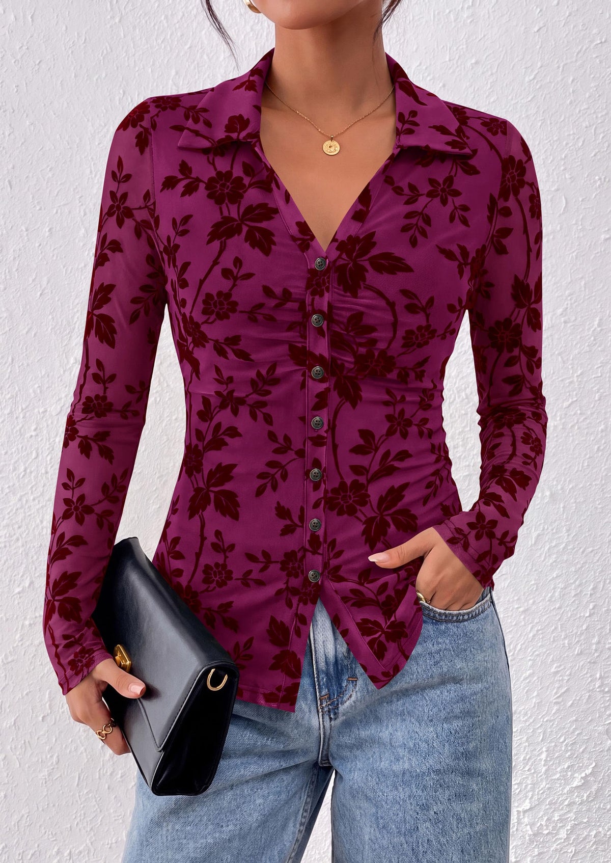 PRETTYGARDEN Women's Long Sleeve Floral Mesh Boho Tops Button Down Shirts Fall Blouses Dressy, Ruched Slim Fit, Collared V Neck, Trendy Going Out Date Night Outfit, Elegant Casual Work Office Clothes