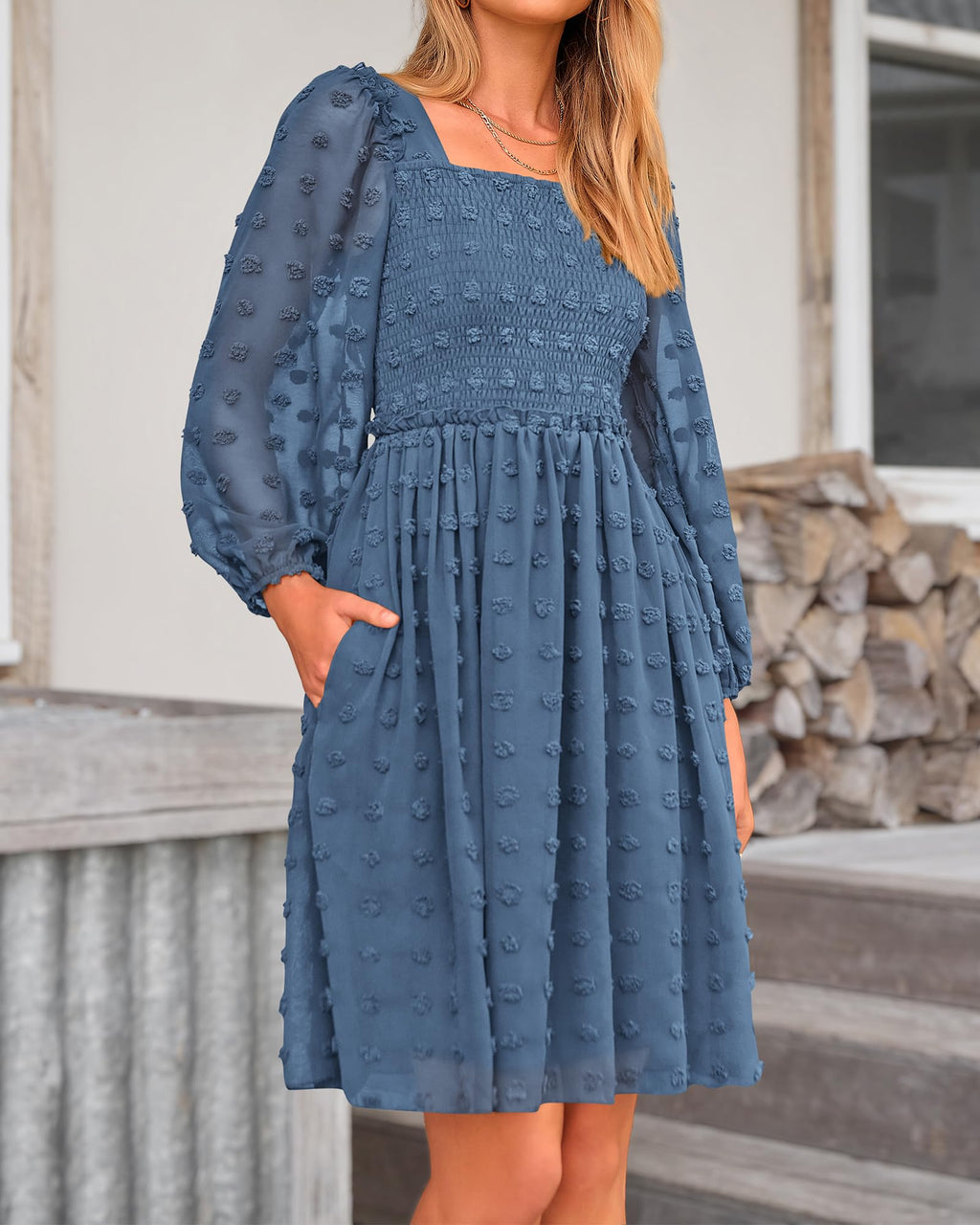 BTFBM Womens Long Sleeve Dress Summer Vacation Square Neck Smocked Floral Mini Boho Spring Wedding Guest Dresses