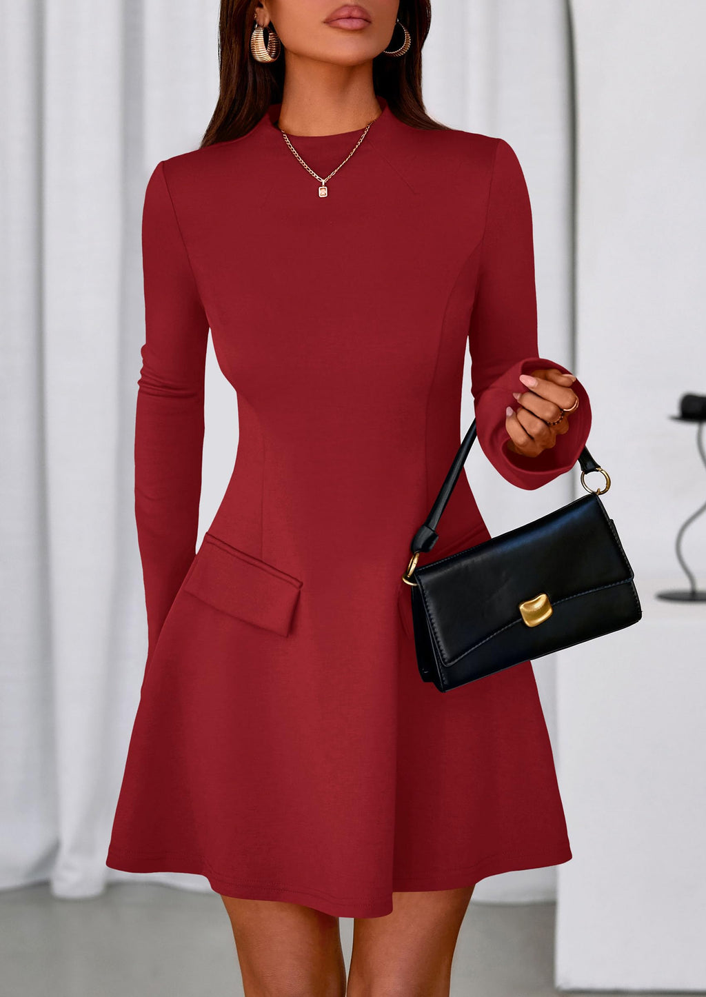 PRETTYGARDEN Women's Elegant Holiday Short Dress  Fall Bell Long Sleeve Mock Neck Work Business Casual Party Mini Dress