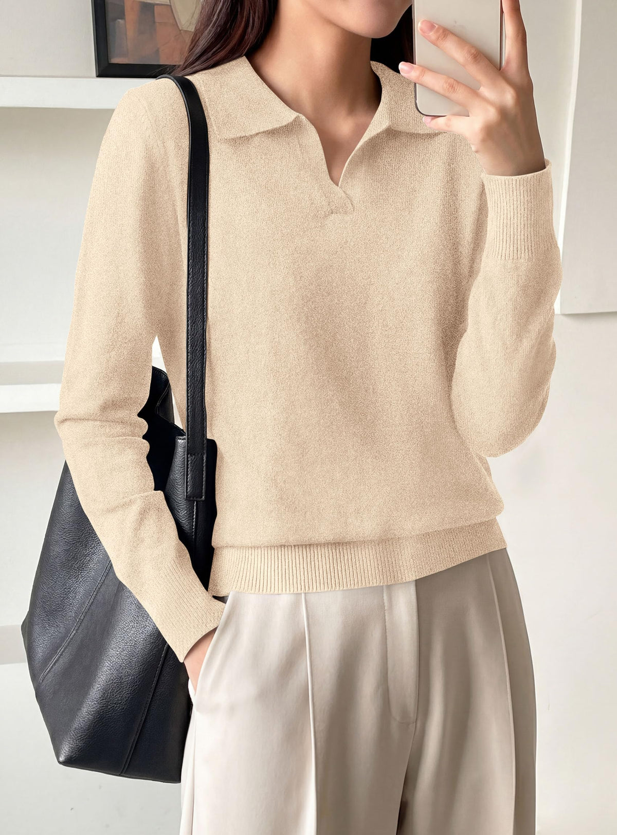 PRETTYGARDEN Womens Long Sleeve Collared Polo Sweater | Breathable Soft Ribbed Knit, Lapel V Neck Pullover Sweaters, Business Casual Work Office Tops, 2026 Trendy Fall Outfits