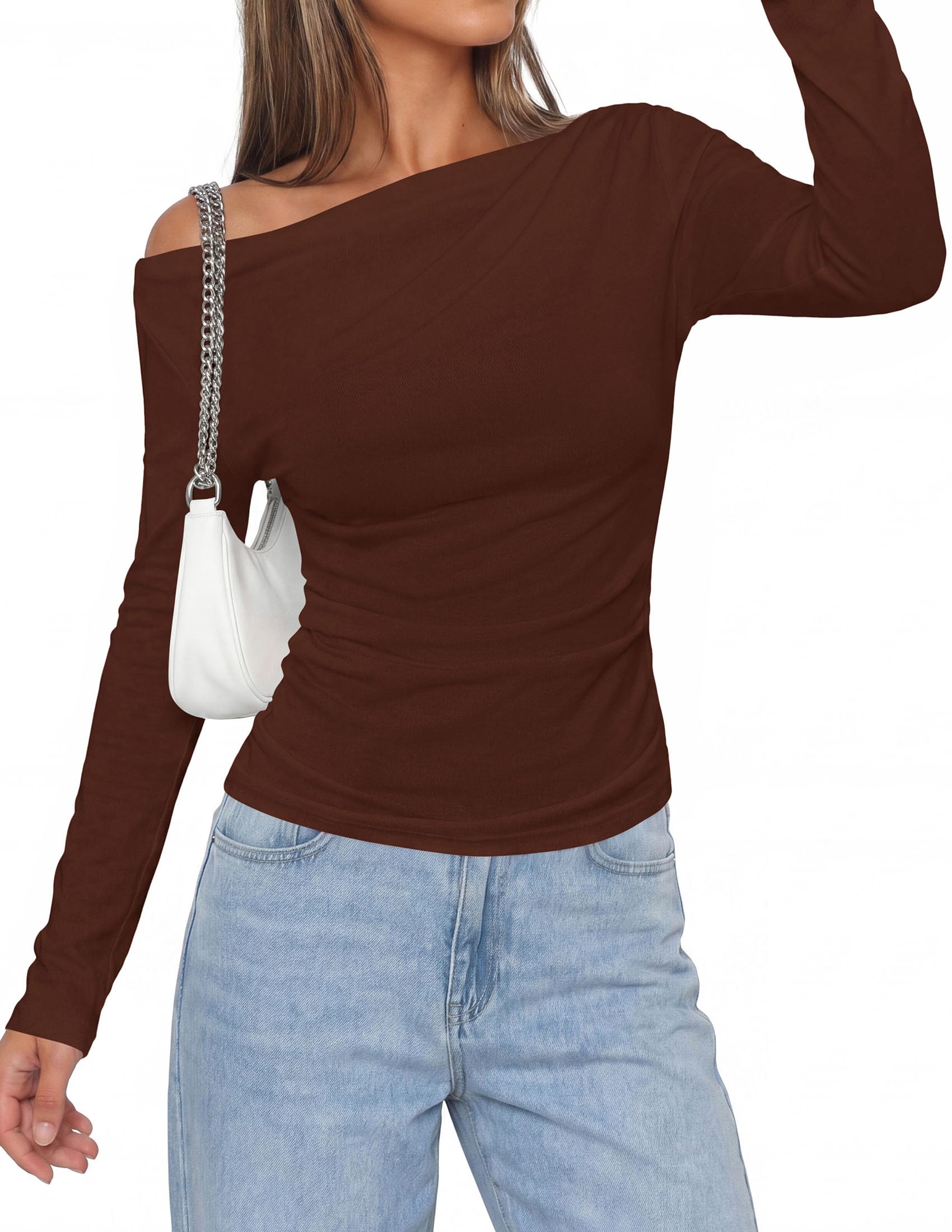 PRETTYGARDEN Womens Off The Shoulder Tops Long Sleeve Shirts | Going Out Tops, Ruched Slim Fit Asymmetrical Neck, Cute Date Night Outfits, Work Dressy Blouses, Fall Fashion Winter Clothes