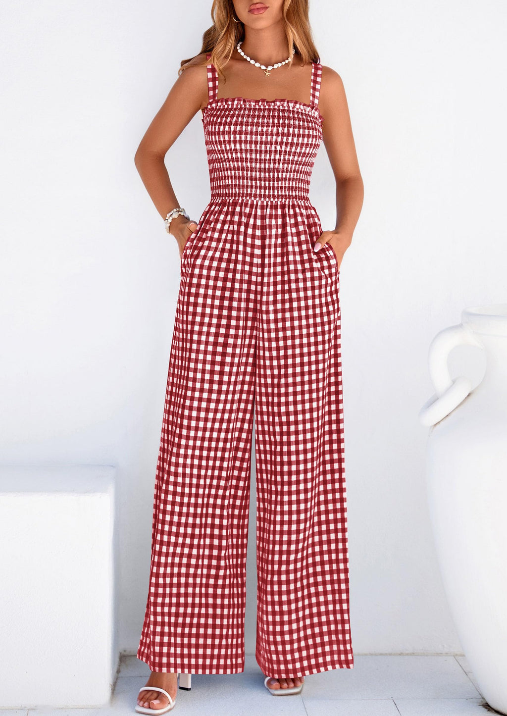 PRETTYGARDEN One Piece Jumpsuits for Women Casual Summer Cruise Outfits  Spring Fashion Smocked Wide Leg Gingham Rompers