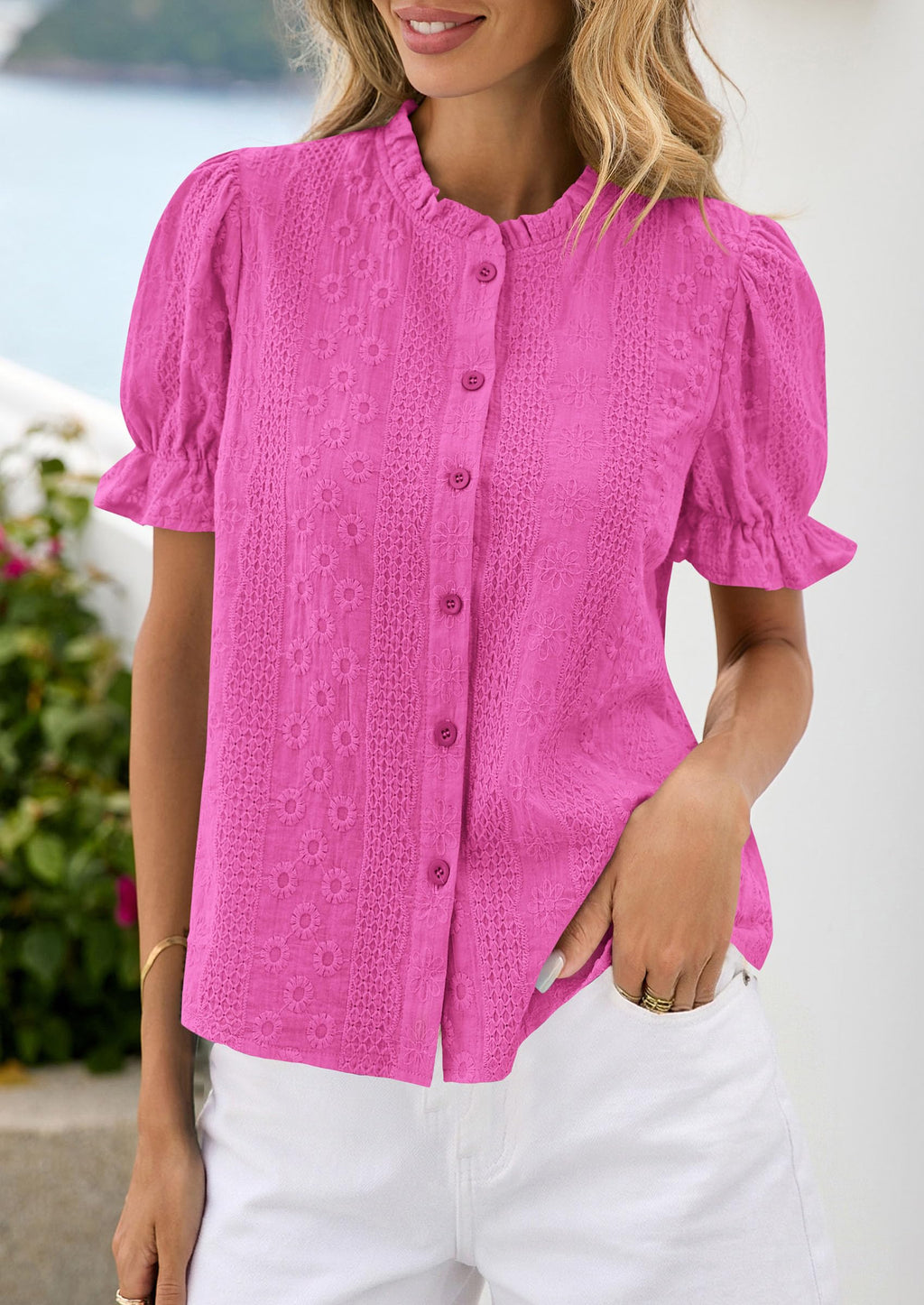 PRETTYGARDEN Womens Puff Short Sleeve Tops  Summer Spring Button Down Boho Embroidered Cute Blouse Dressy Casual Shirts