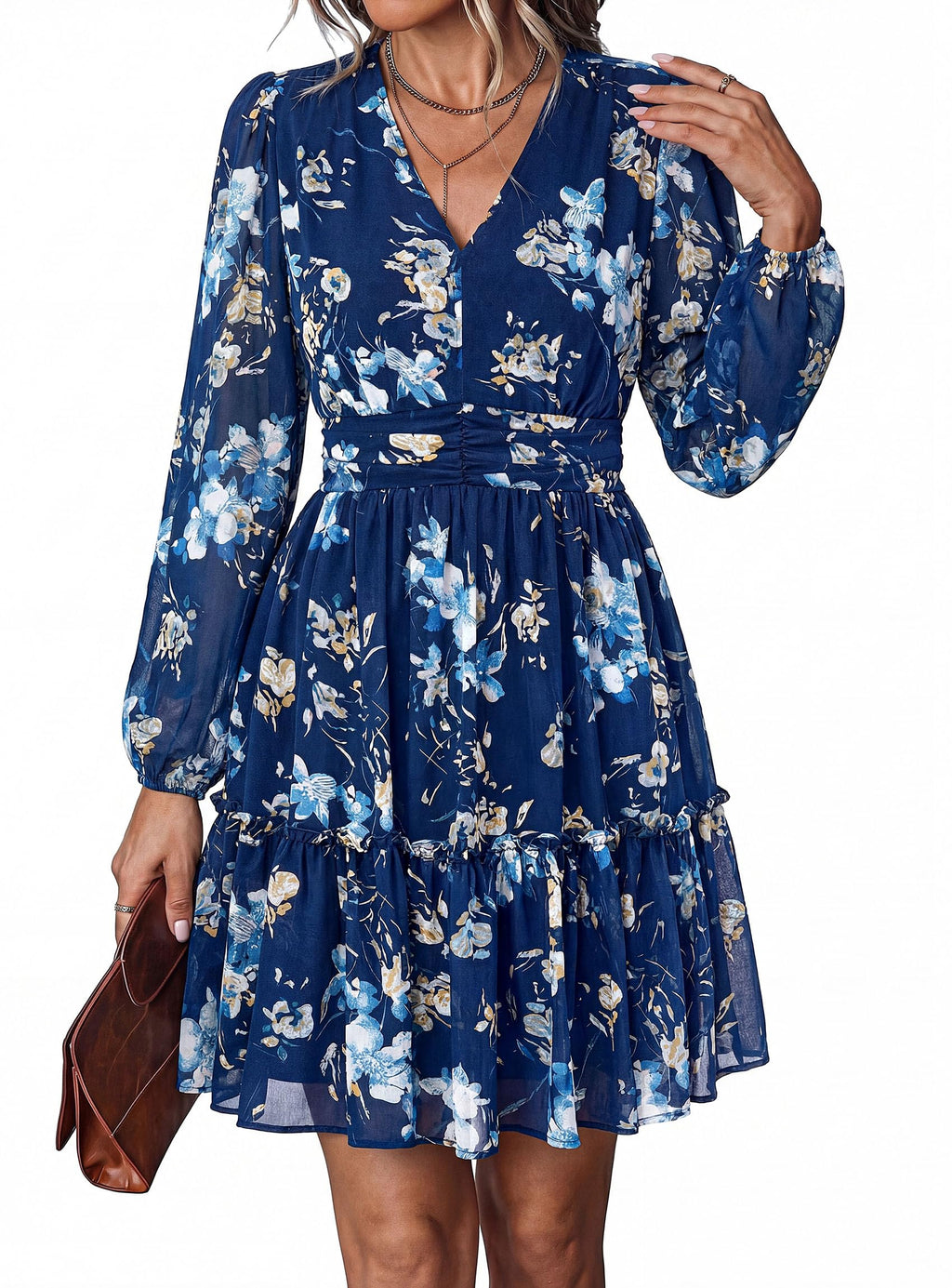 PRETTYGARDEN Women Floral Long Sleeve Mini Dress | Fall Wedding Guest Dresses, V Neck, Fit & Flare, Ruffle Hem A-Line, Short Chiffon Dress, Elegant Holiday Party, Date Outfits