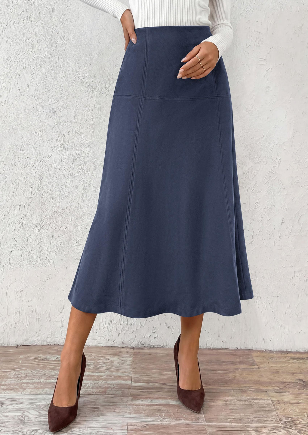 PRETTYGARDEN Womens High Waist Faux Suede A Line Midi Skirt | Hidden Stretch Elastic Waist, Front Back Panel Stitching, Vintage Elegant Mid-Calf Long Skirts for Fall Winter Office Daily