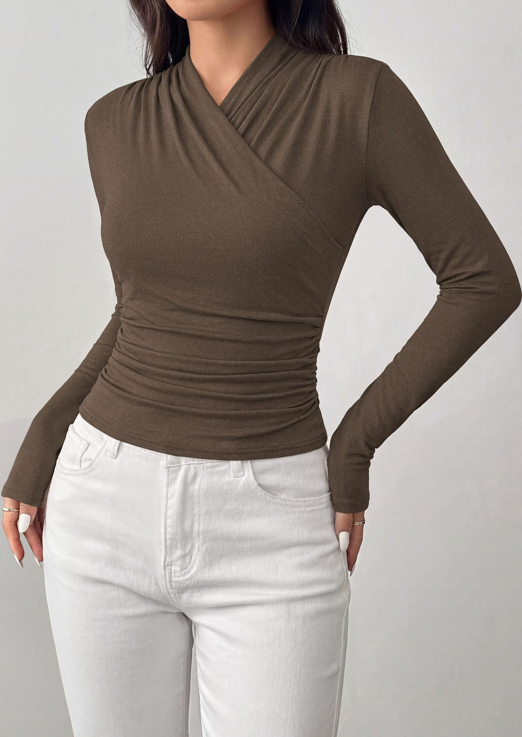 PRETTYGARDEN Womens Long Sleeve Shirts Going Out Wrap Top | Soft Heathered Stretchy Viscose Fitted Blouse, V Neck Ruched Waist Dressy Tops, Office Business Casual Fall Winter Daily Wear
