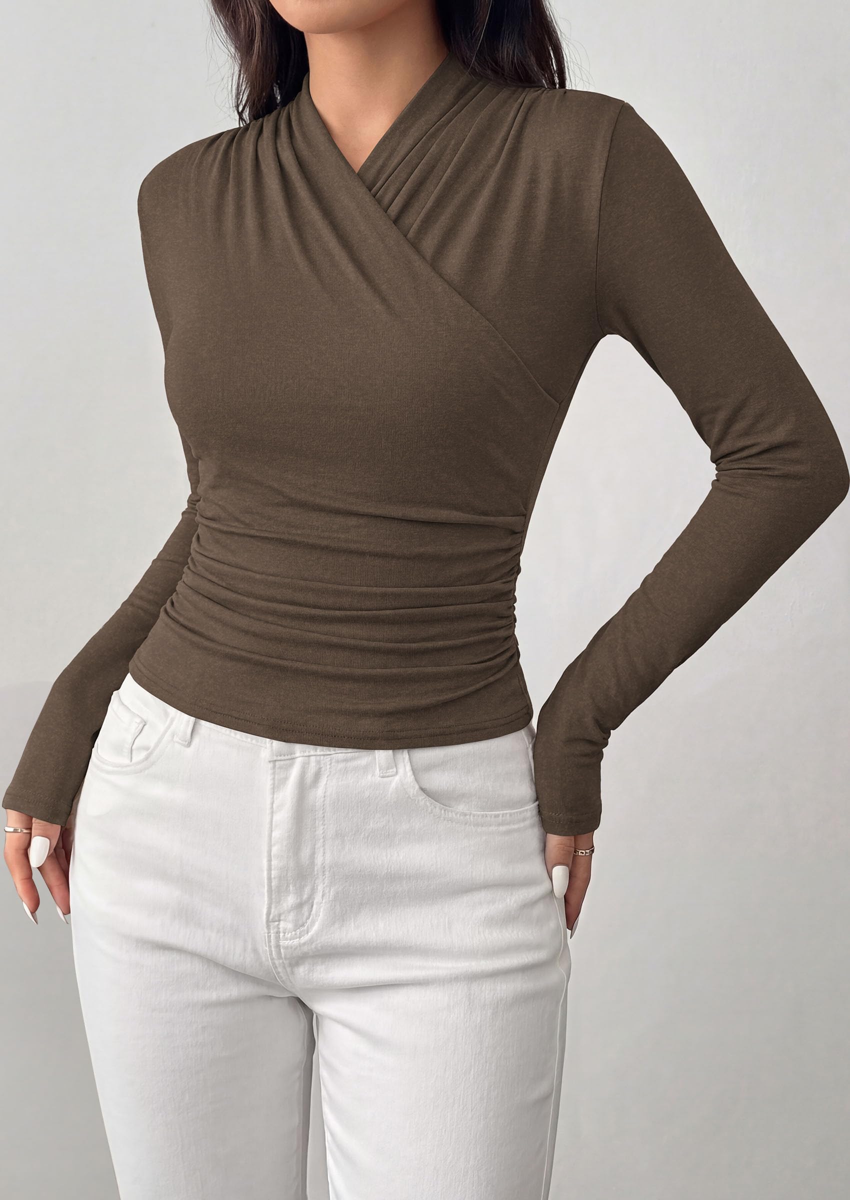 PRETTYGARDEN Womens Long Sleeve Shirts Going Out Wrap Top | Soft Heathered Stretchy Viscose Fitted Blouse, V Neck Ruched Waist Dressy Tops, Office Business Casual Fall Winter Daily Wear