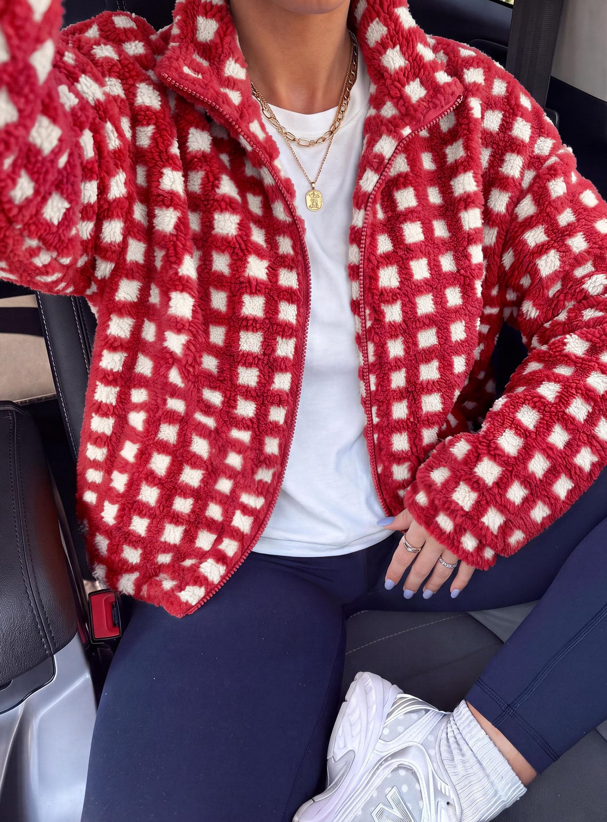 PRETTYGARDEN Women's Gingham Sherpa Fleece Jacket Plaid Cropped Teddy Coat Trendy Y2K Winter Jacket, Zip Up Stand Collar, Side Pockets, Fall Outfit for Casual Daily, Going Out, Streetwear, Outdoor