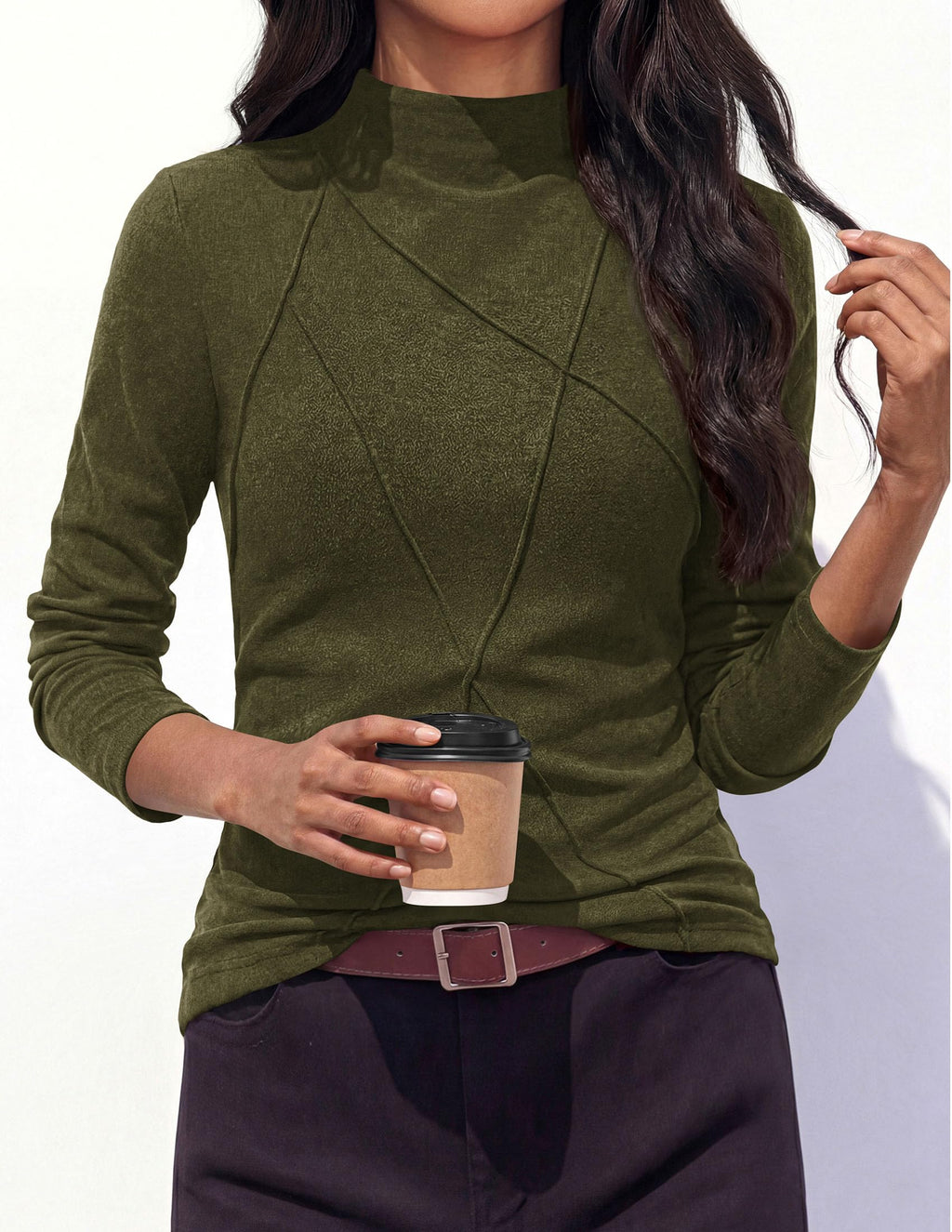 PRETTYGARDEN Women's Fall Mock Neck Long Sleeve Shirts | Soft Stretchy Knit,Geometric Seam Stitching,Slim Fitted Basic Tees,Thermal Casual Wear,Daily Work Layering Winter Tunic Top