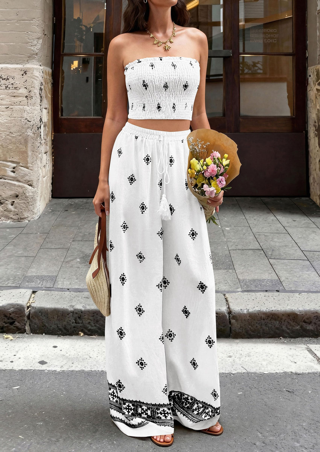 PRETTYGARDEN 2 Piece Sets for Women Summer  Travel Outfits Print Tube Tops Wide Leg Pants Beach Vacation Clothes