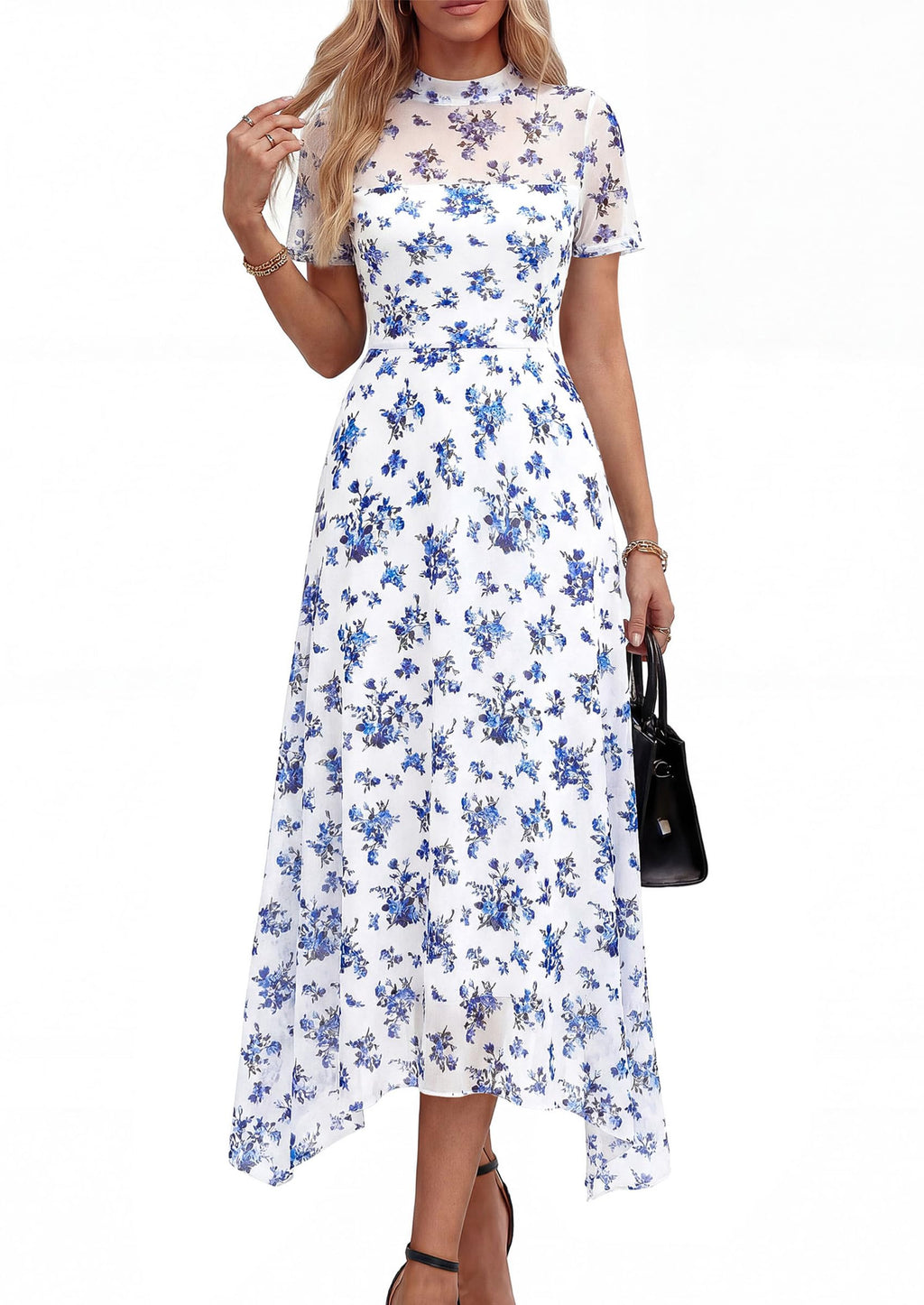 PRETTYGARDEN Cocktail Dresses for Women  Summer Short Sleeve Floral Mesh Sheer Midi Party Wedding Guest Dress