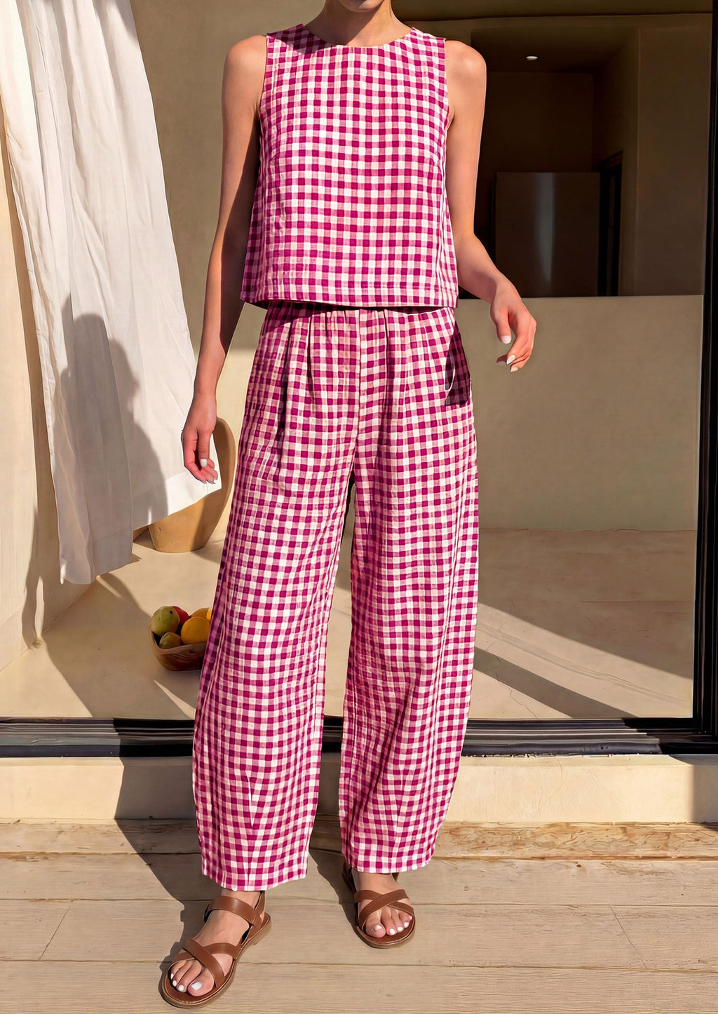 PRETTYGARDEN Womens 2 Piece Sets Summer Plaid Sleeveless Tops Wide Leg Pants Matching Lounge Set Beach Vacation Outfits