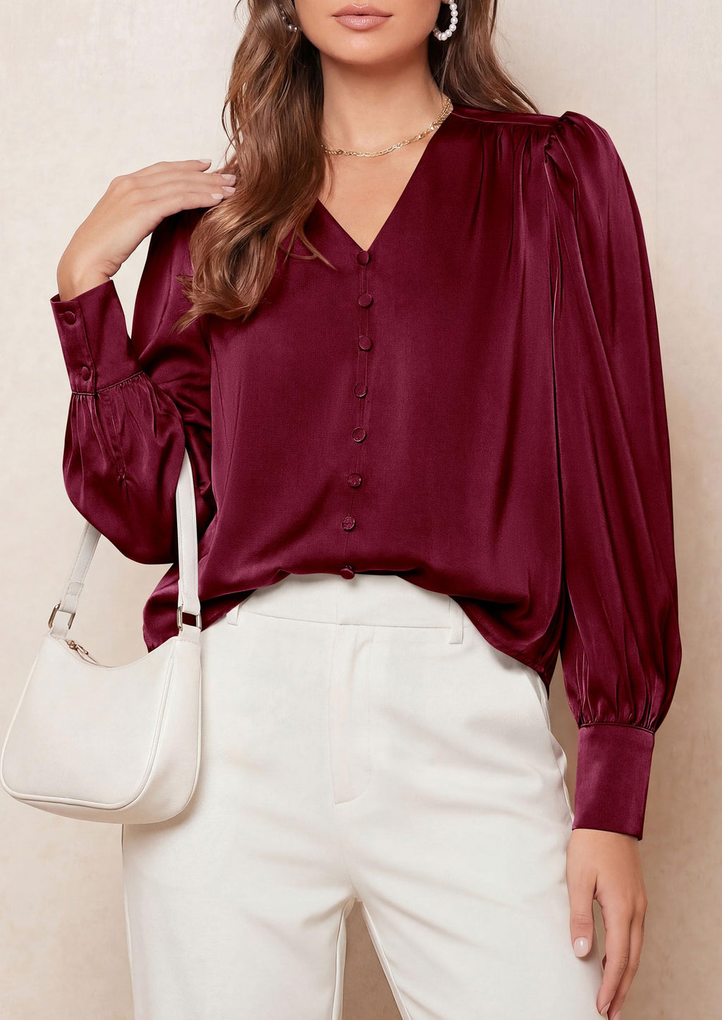 PRETTYGARDEN Satin Long Sleeve Womens Blouses Dressy Casual | Glossy Smooth Silk Fabric,Lantern Sleeve Fall Tops,Decorative Button Pullover,V Neck Shirts,Office Work Business Outfits