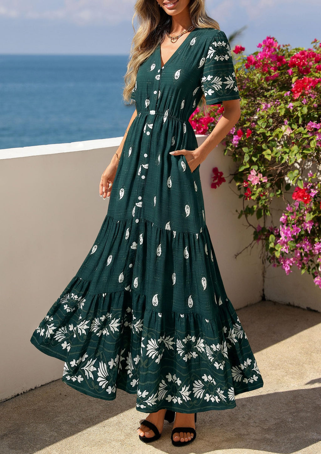 PRETTYGARDEN Womens Summer Boho Maxi Dress Trendy Short Sleeve V Neck Flowy Beach Floral Dresses with Pockets