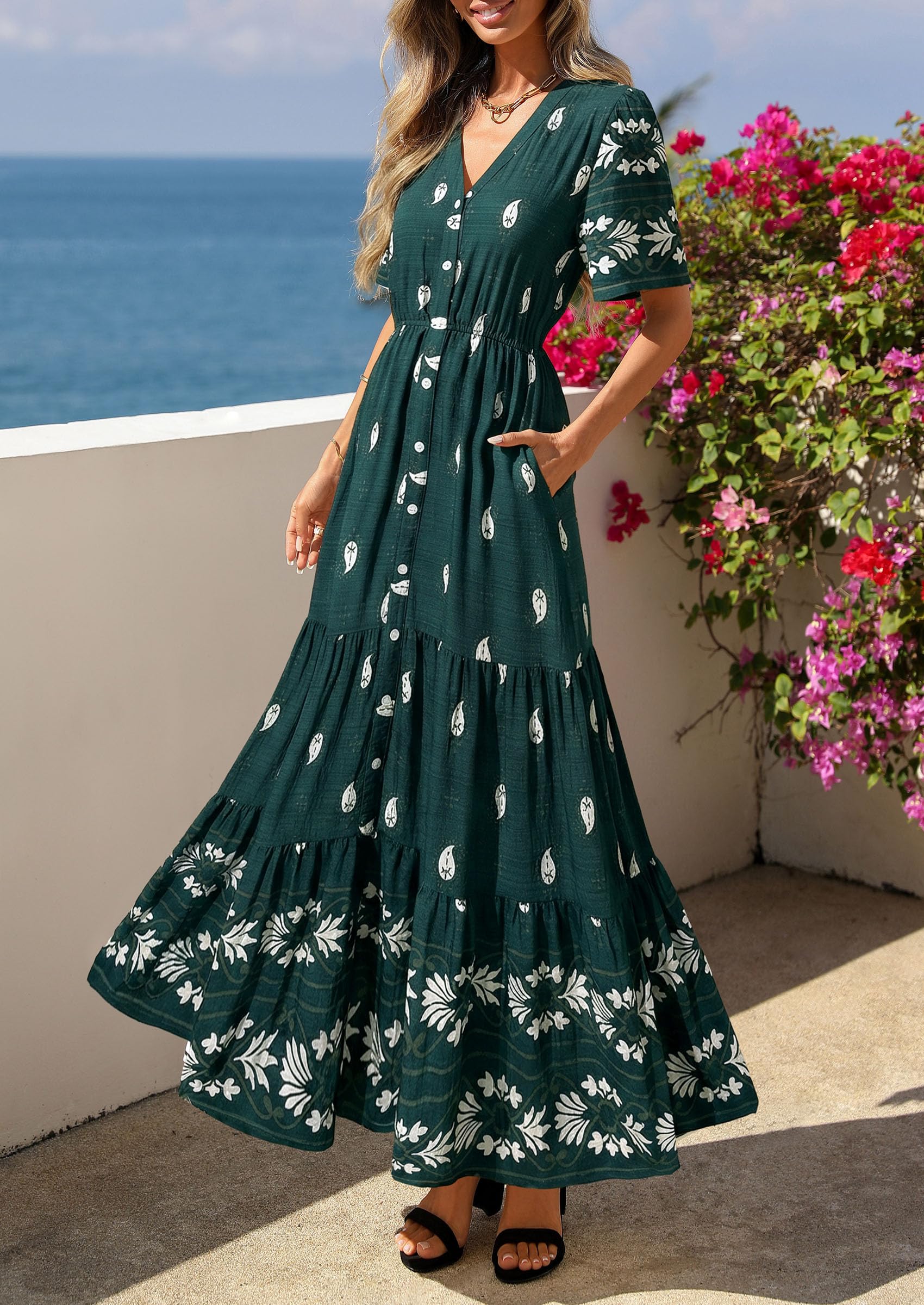 PRETTYGARDEN Womens Summer Boho Maxi Dress Trendy Short Sleeve V Neck Flowy Beach Floral Dresses with Pockets