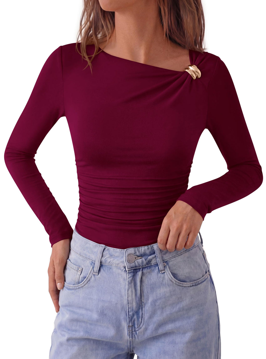 PRETTYGARDEN Long Sleeve Tops for Women Fitted Going Out Top | Comfy Stretchy Knit, Fashion Slim Fit Shirt, Ruched Asymmetrical Side Buckle, Party Date Night Outfits, Y2k Fall Clothes