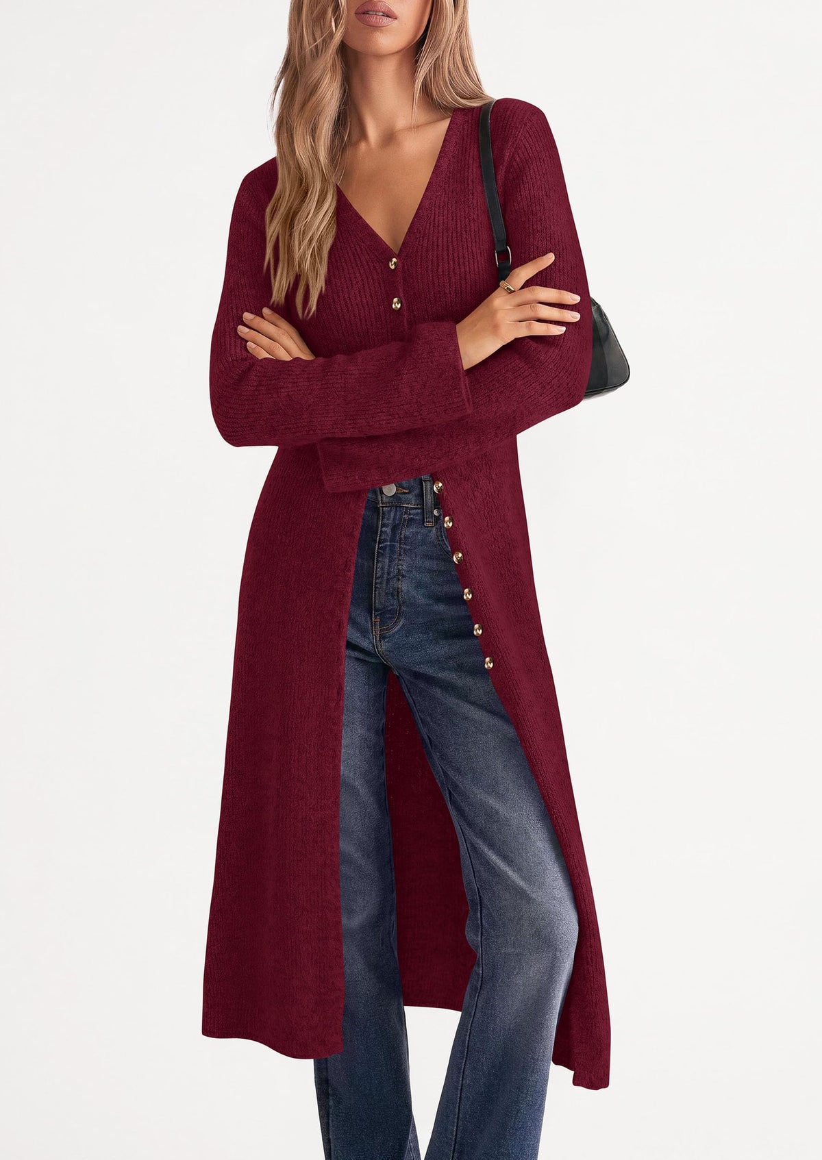 PRETTYGARDEN Women Long Cardigan Bell Sleeve Sweater Dress Early Fall Fashion, V Neck Button Down Coats, Fit and Flare, Duster Sweater, Acrylic Cotton Blend