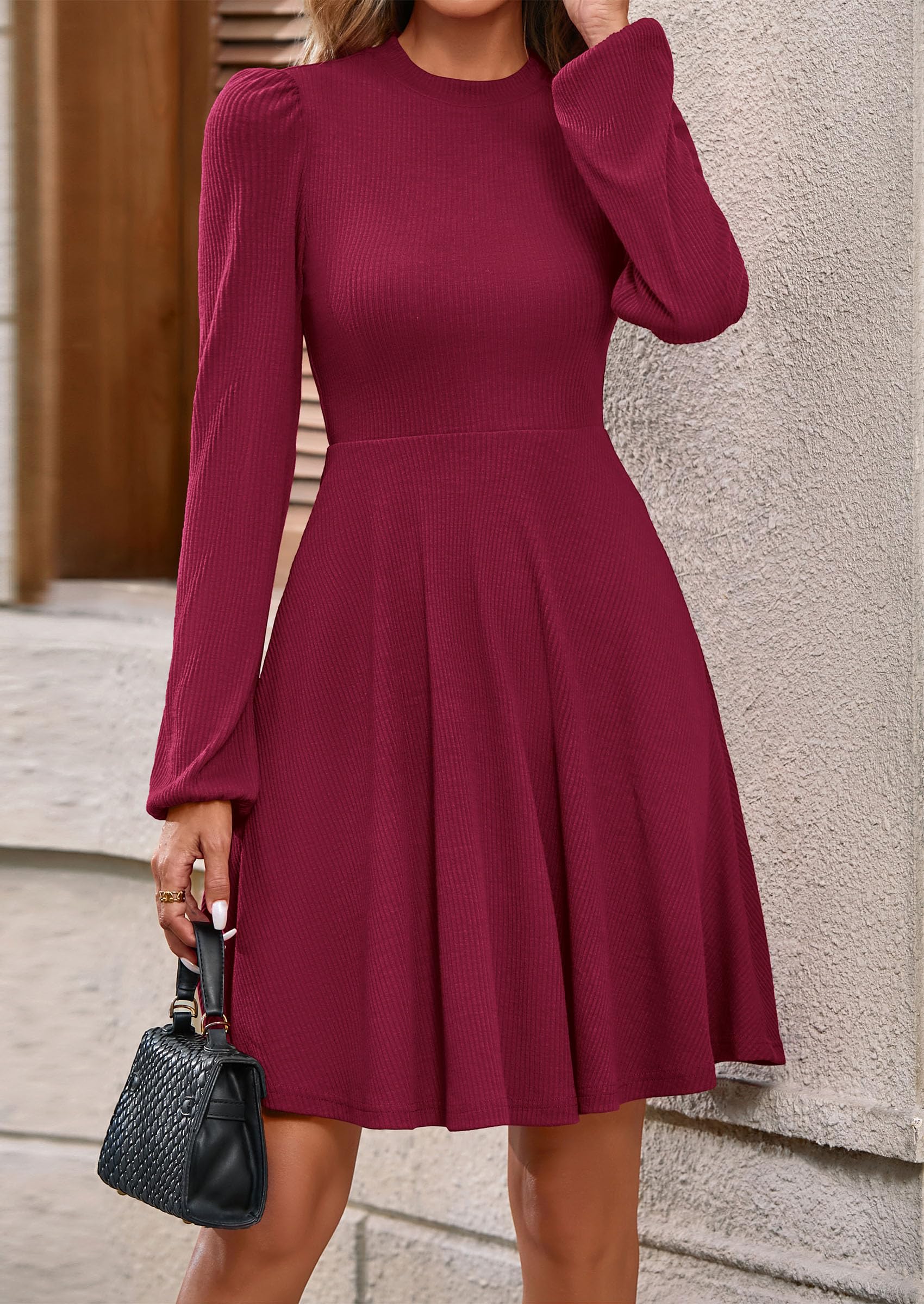 PRETTYGARDEN Womens Long Sleeve Mini Dress  Fall Trendy Crewneck Ribbed Knit Soft A Line Flowy Summer Formal Dresses