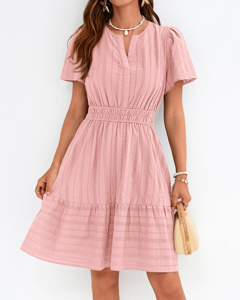 BTFBM Womens Spring  Casual Mini Dresses Lightweight Short Sleeve V Neck Elastic Waist Cute Boho Beach Dress Pockets