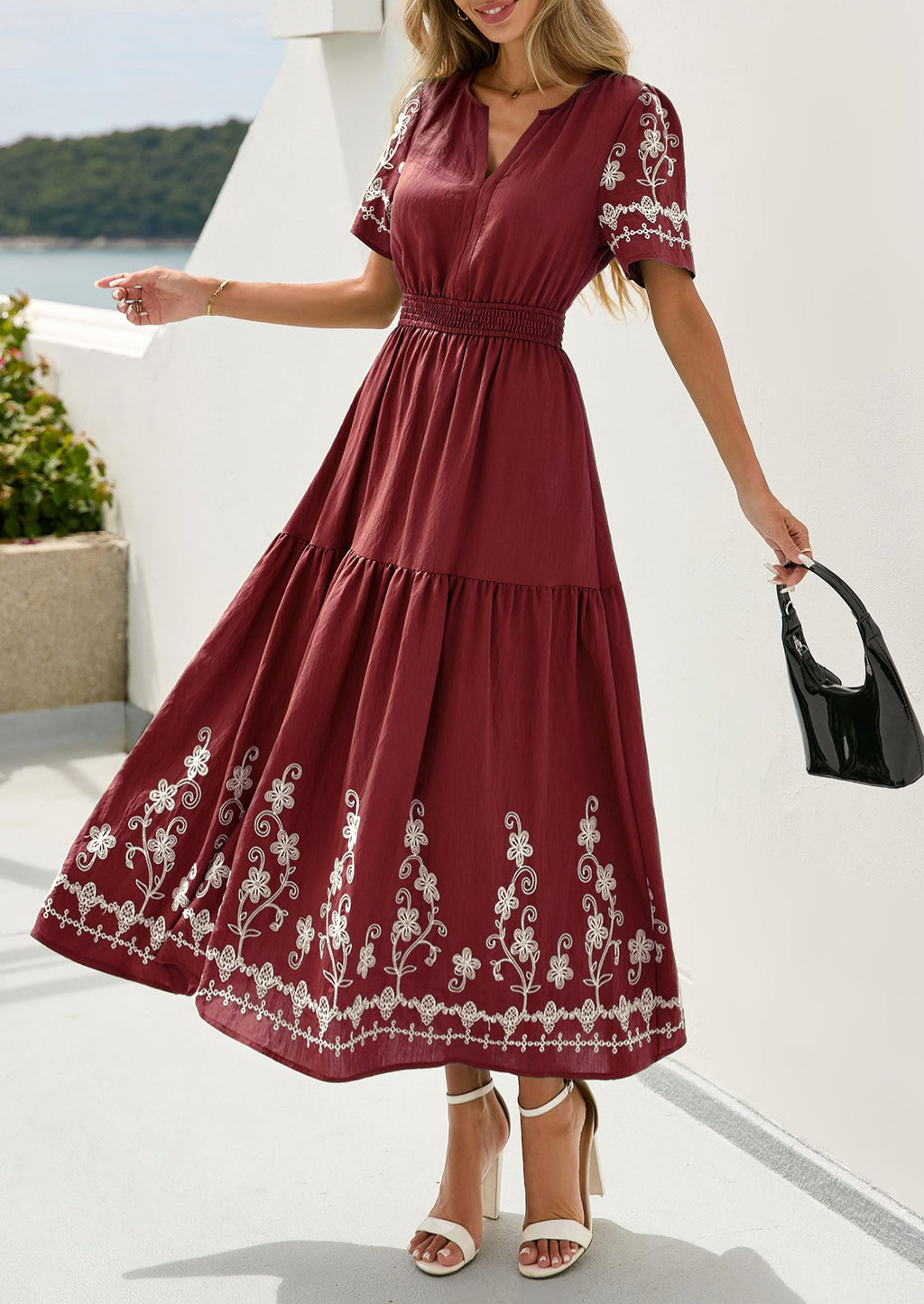 PRETTYGARDEN Women's Summer Boho Maxi Dress Spring Floral Short Sleeve V Neck A Line Flowy Beach Wedding Guest Dresses