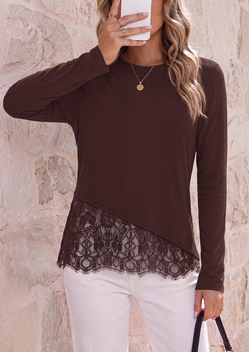 PRETTYGARDEN Women's Lace Patchwork Long Sleeve Shirts | Soft Casual Tops,Irregular Asymmetrical Hem,Crew Neck Thermal Blouses,Loose Fit Layer Tee,Fashion Fall Winter Daily Wear