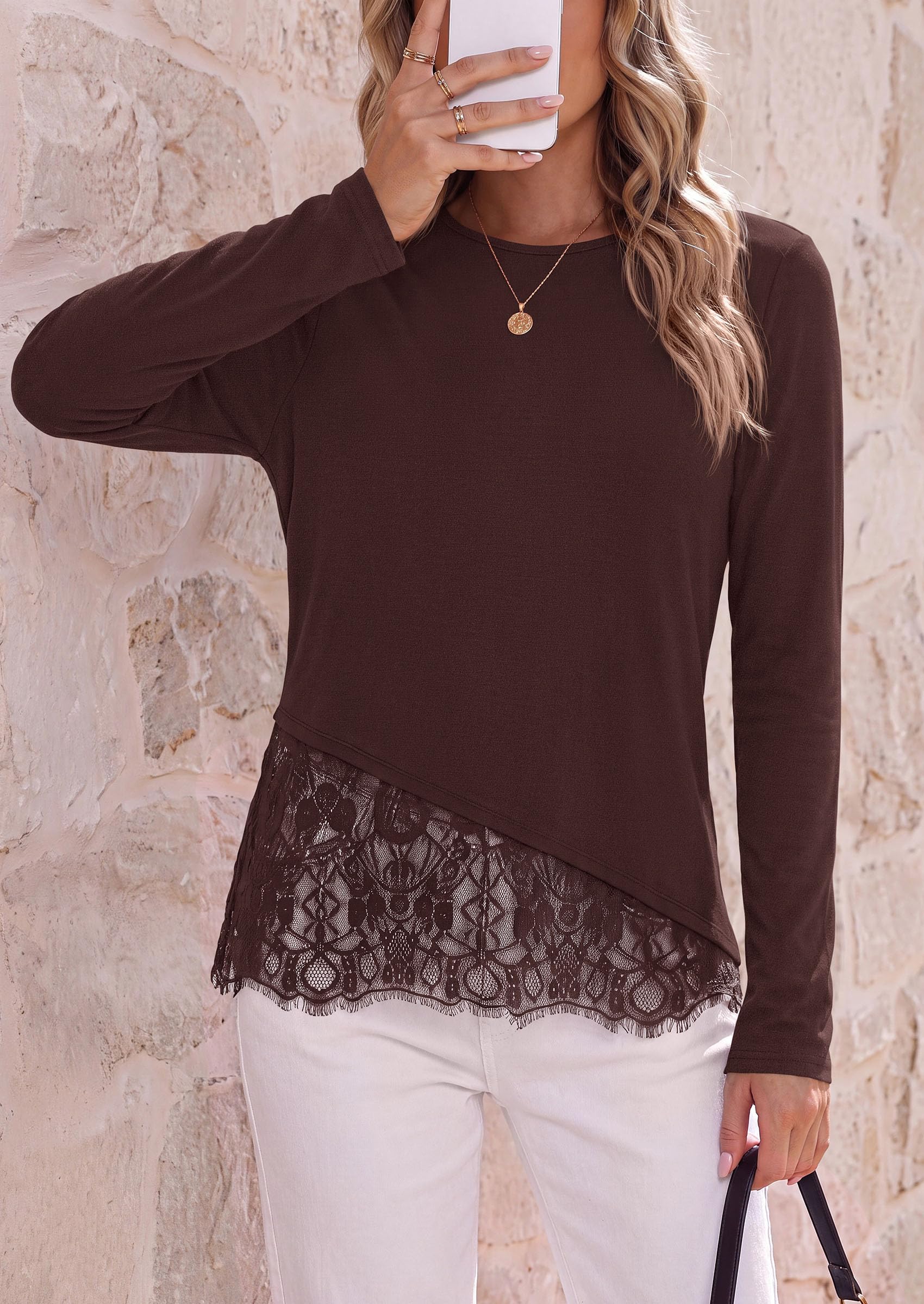 PRETTYGARDEN Women's Lace Patchwork Long Sleeve Shirts | Soft Casual Tops,Irregular Asymmetrical Hem,Crew Neck Thermal Blouses,Loose Fit Layer Tee,Fashion Fall Winter Daily Wear